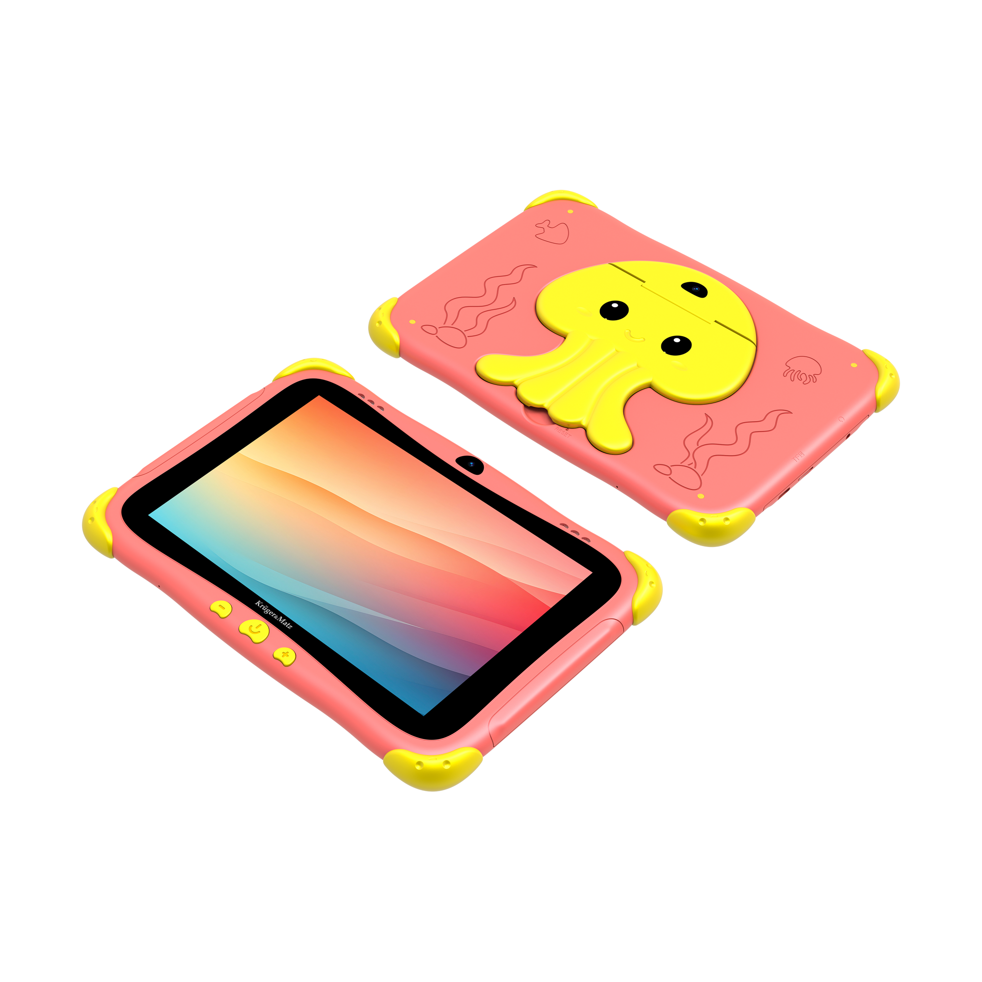 Dwa różowe tablety. Jeden ma kolorowy ekran, drugi żółty wzór meduzy. Oba mają żółte rogi i czarne ekrany.