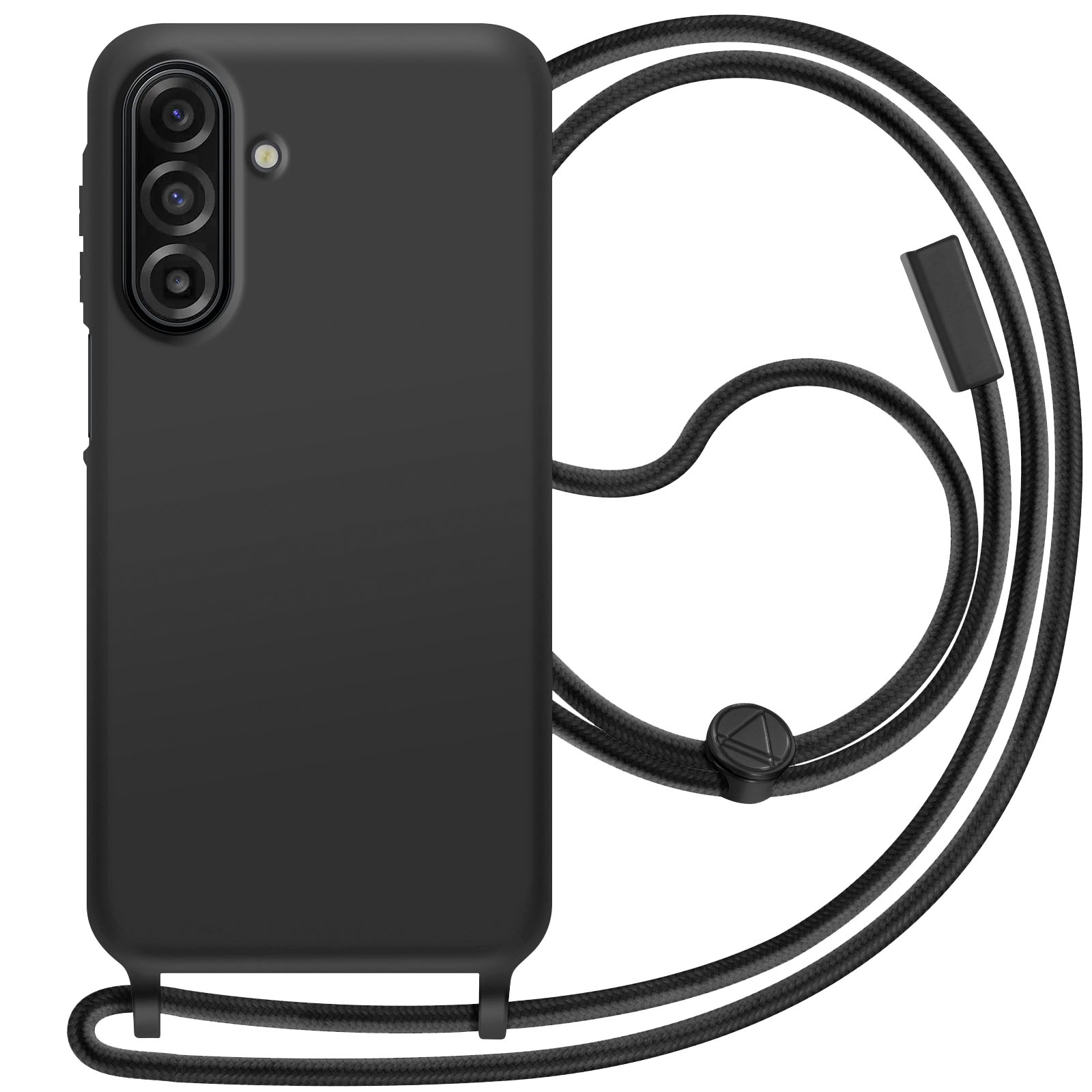 Zwarte telefoonhoes met een lanyard. De hoes heeft drie camera's. De lanyard is zwart en heeft een driehoekige knop.
