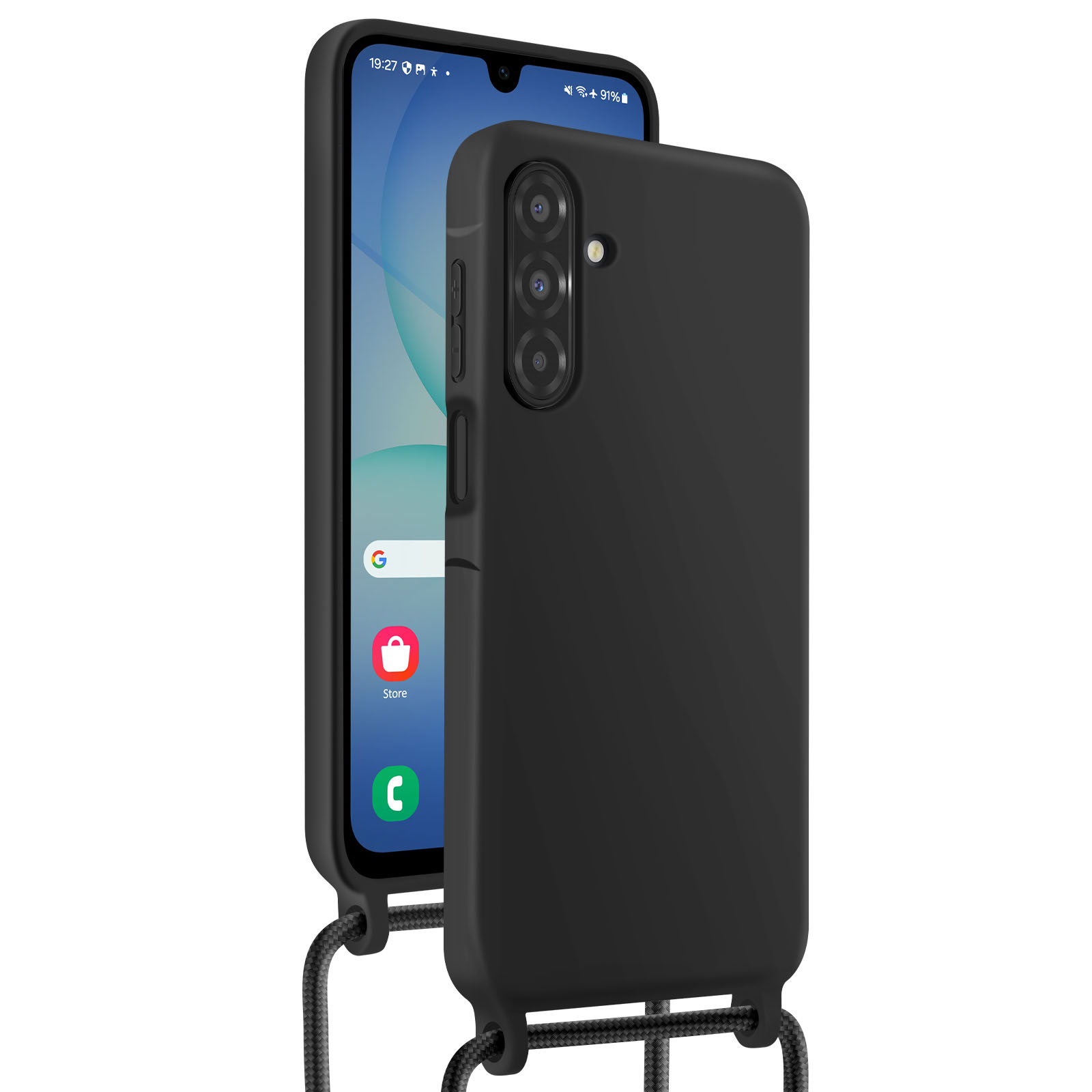 Een zwarte telefoon met hoesje wordt weergegeven. Het scherm toont app-iconen. Een zwart koord is bevestigd.