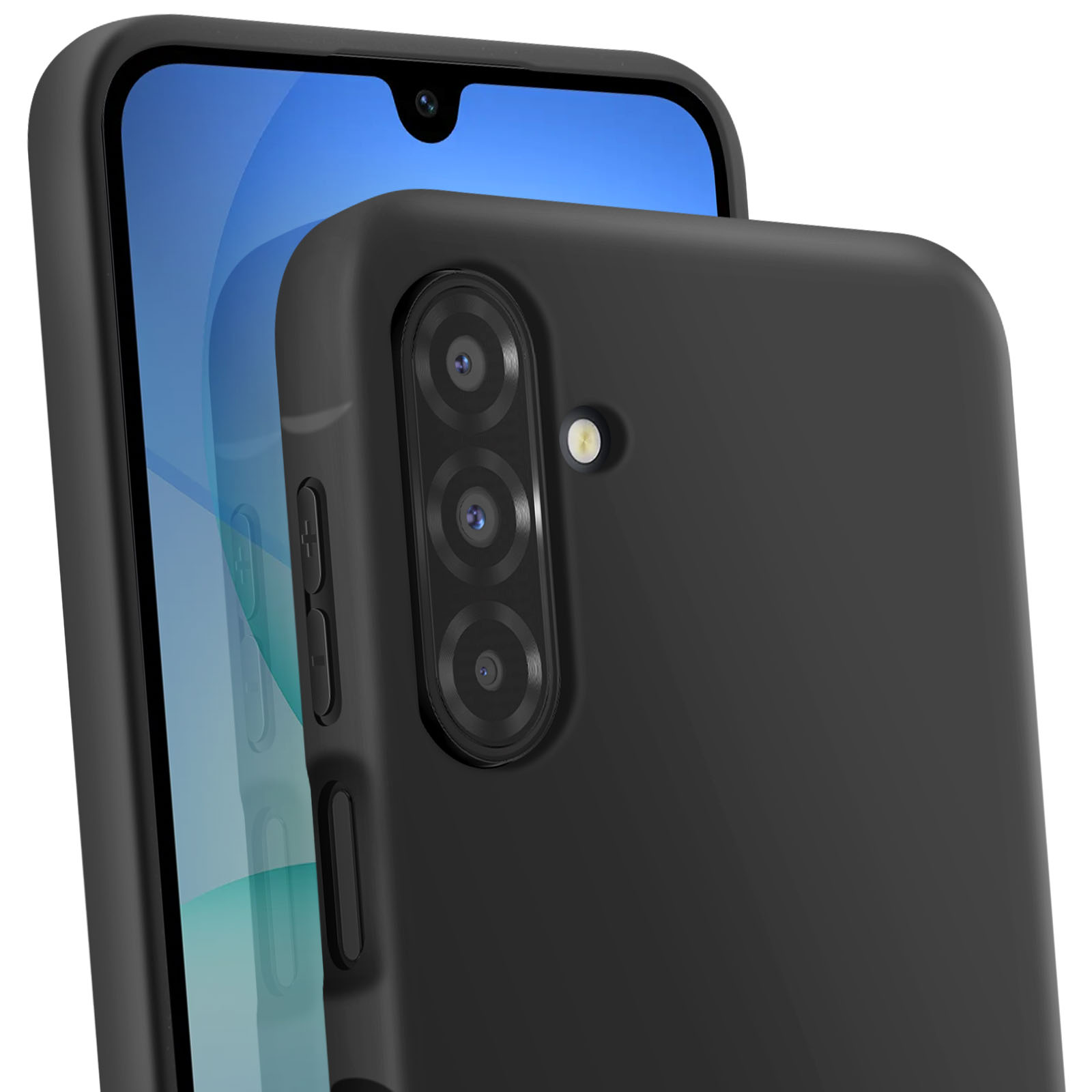 Een zwarte telefoonhoes met een telefoon erin. Het scherm van de telefoon is blauw. De hoes heeft cameralenzen en knoppen.