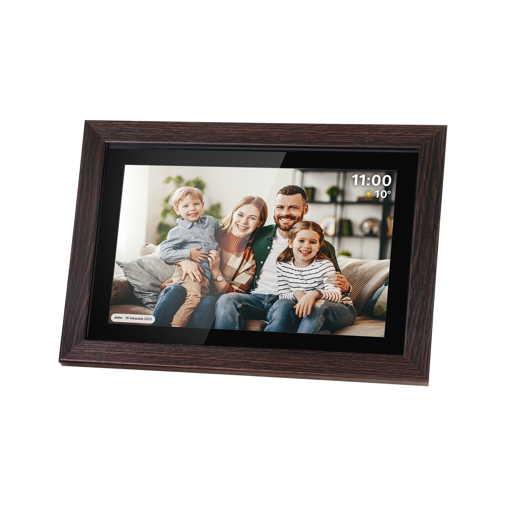 Ramka na zdjęcia wyświetla czteroosobową rodzinę: rodziców i dwoje uśmiechniętych dzieci. Pokazuje datę i godzinę.