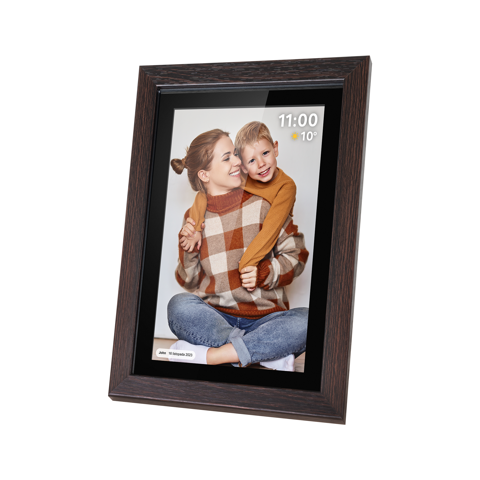 Ramka na zdjęcia wyświetla kobietę i chłopca, którzy się obejmują. Mają na sobie swetry i dżinsy. Godzina 11:00, 10 stopni.