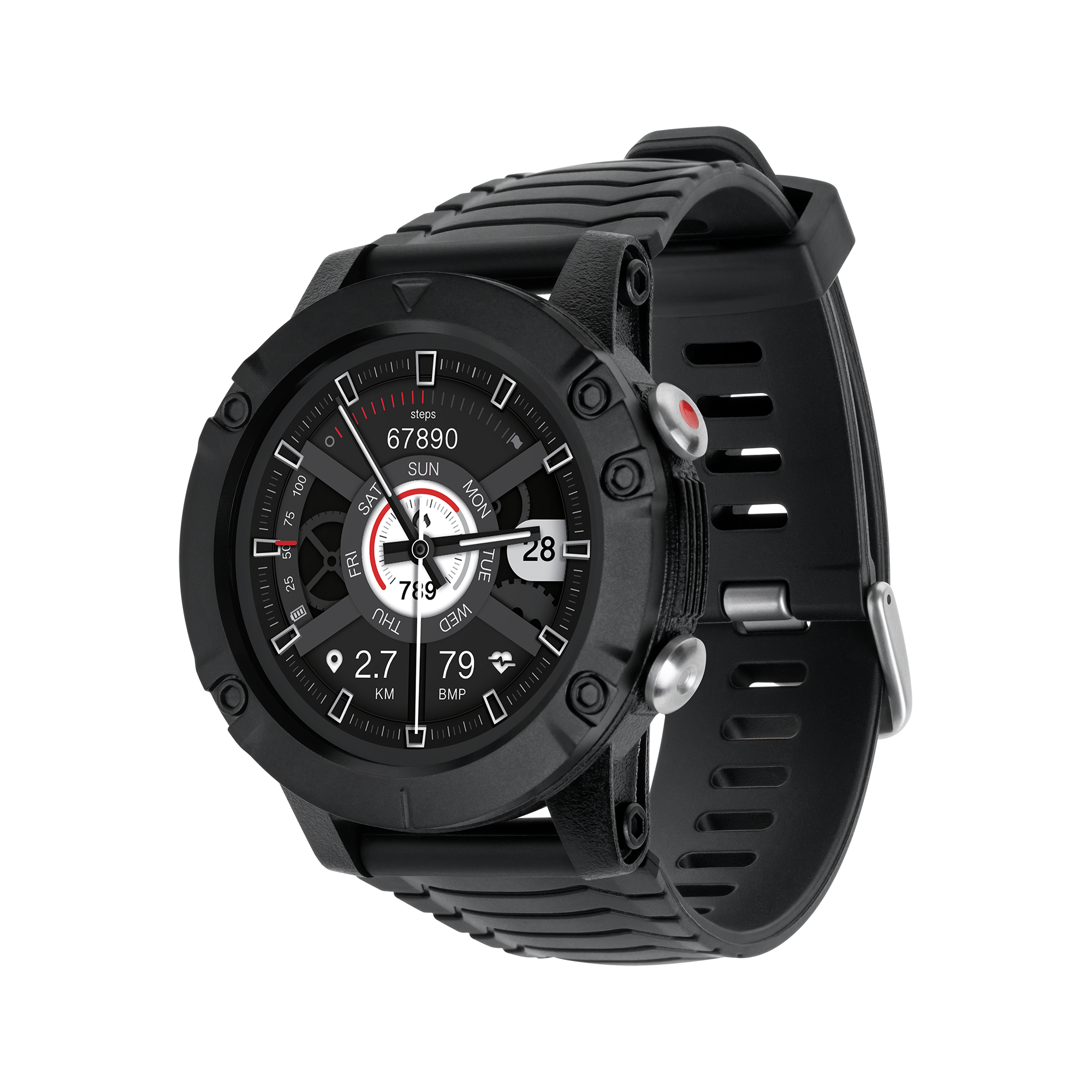 Czarny smartwatch z okrągłą tarczą pokazującą datę, kroki i tętno. Posiada czarny pasek i przyciski.