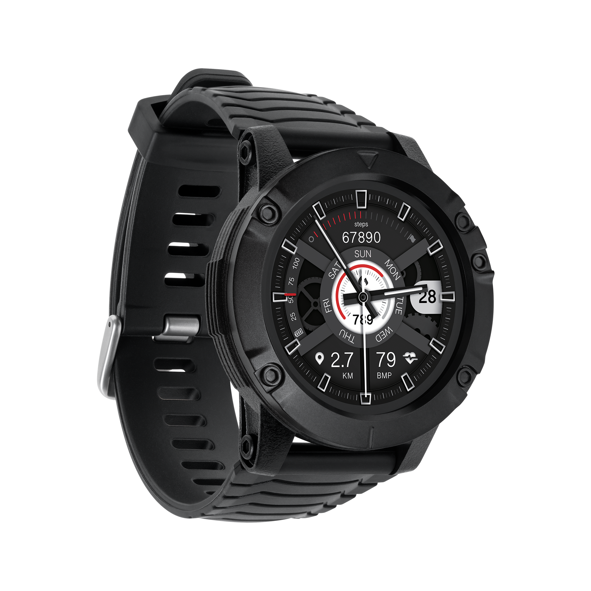 Czarny smartwatch z cyfrowym wyświetlaczem pokazującym kroki, datę i inne wskaźniki. Zegarek ma teksturowany pasek i metalową klamrę.