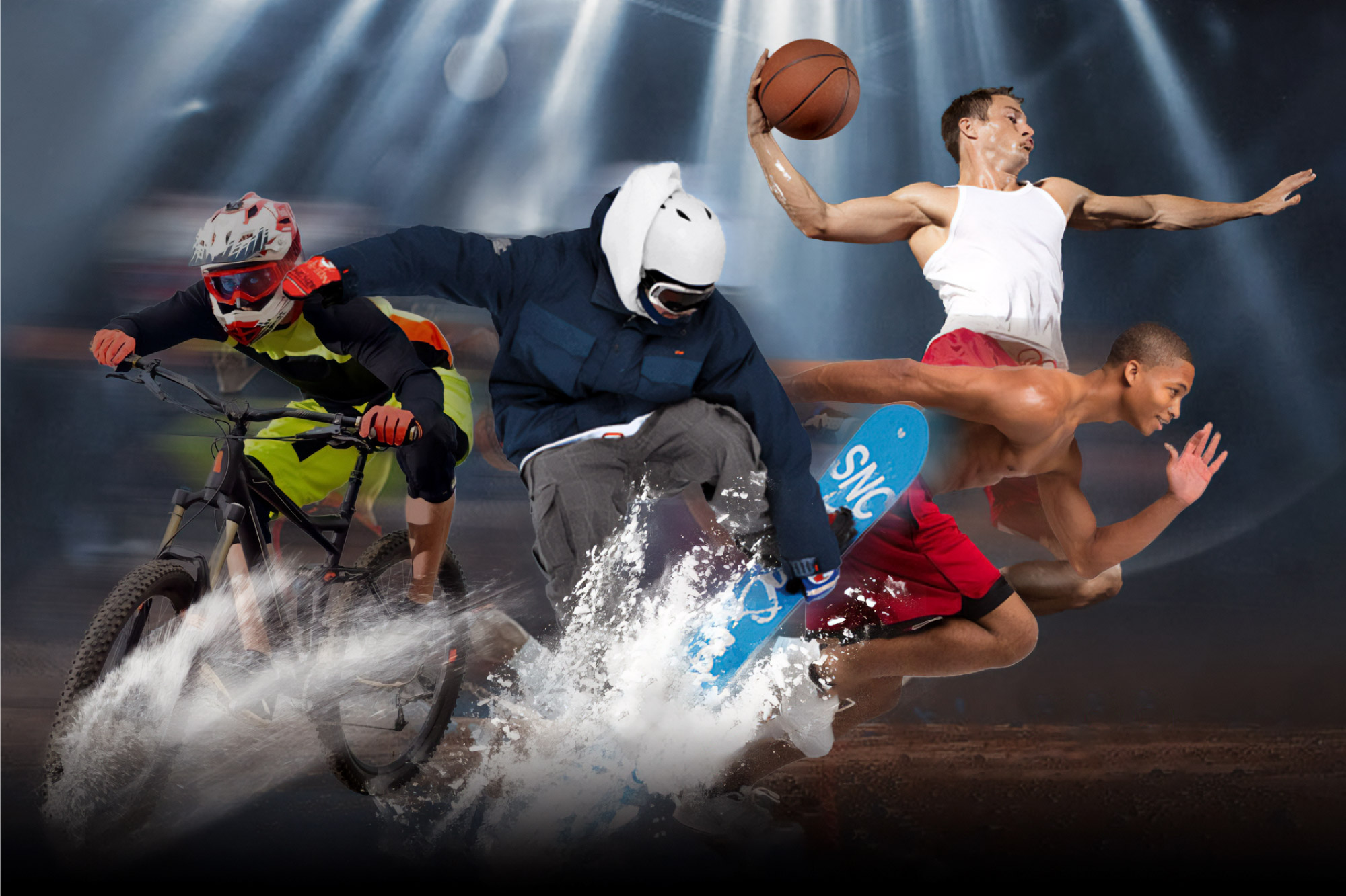 Obraz sportowców w akcji: kolarz, snowboardzista, koszykarz i biegacz, wszyscy w ruchu na ciemnym, rozmytym tle.