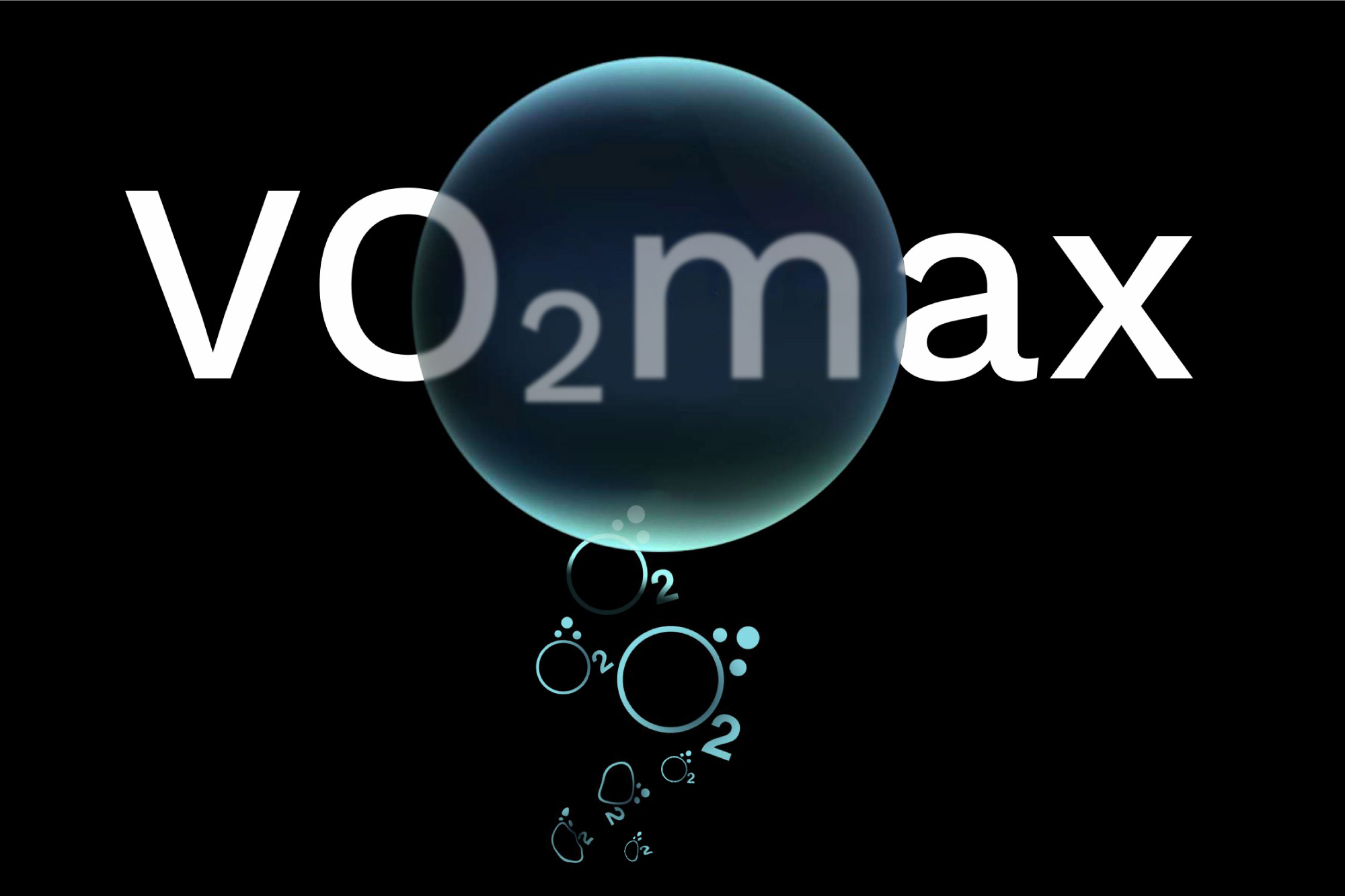 Czarne tło z tekstem "VO2max". Duża niebieska kula z "O2" nad mniejszymi bąbelkami, również z "O2".