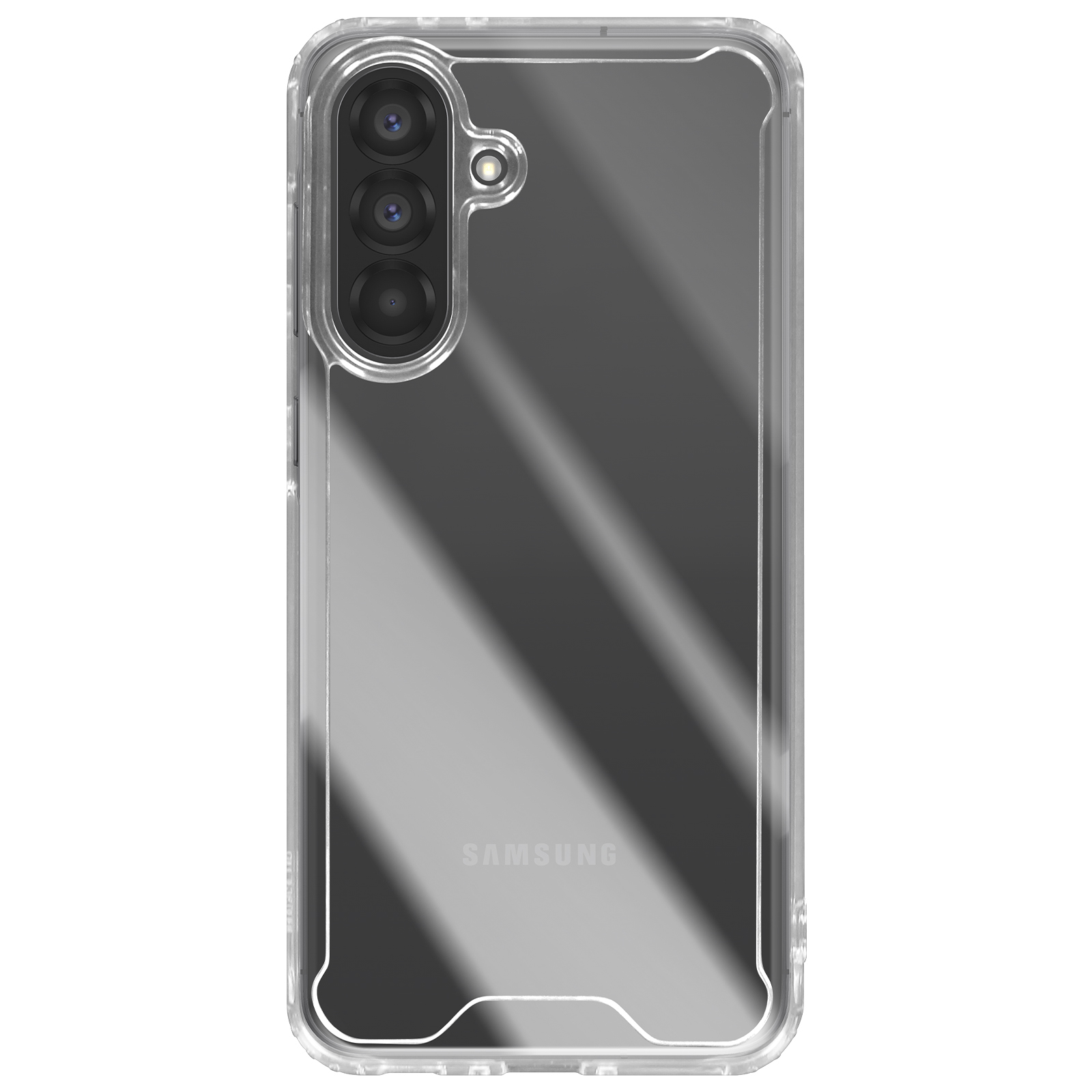 Coque de téléphone transparente avec triple caméra et logo Samsung. La coque est sur fond blanc.