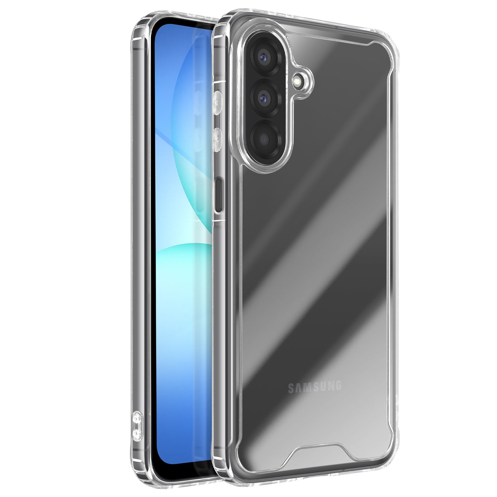 Coque de téléphone transparente avec téléphone à l'intérieur. La coque a une découpe caméra et des boutons. L'écran est bleu et blanc.