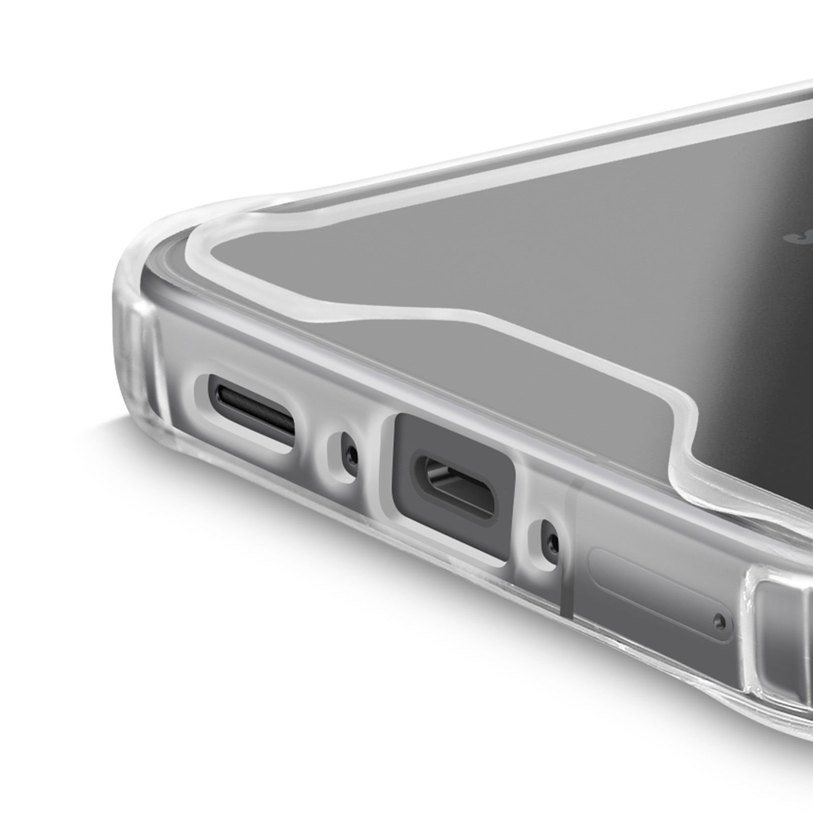 Coque de téléphone transparente avec découpes pour ports. Bord et partie de l'écran visibles.