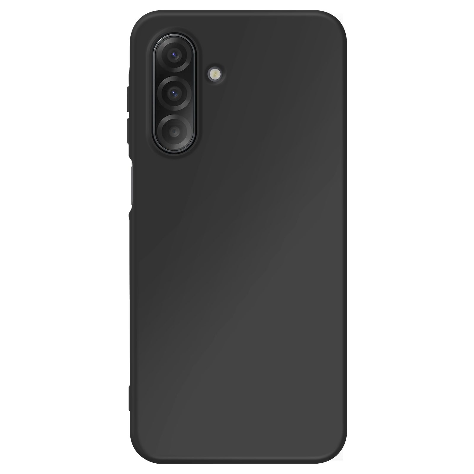 Un étui de téléphone noir avec une configuration à triple caméra. L'étui est uni, avec une finition lisse. Le fond est blanc.