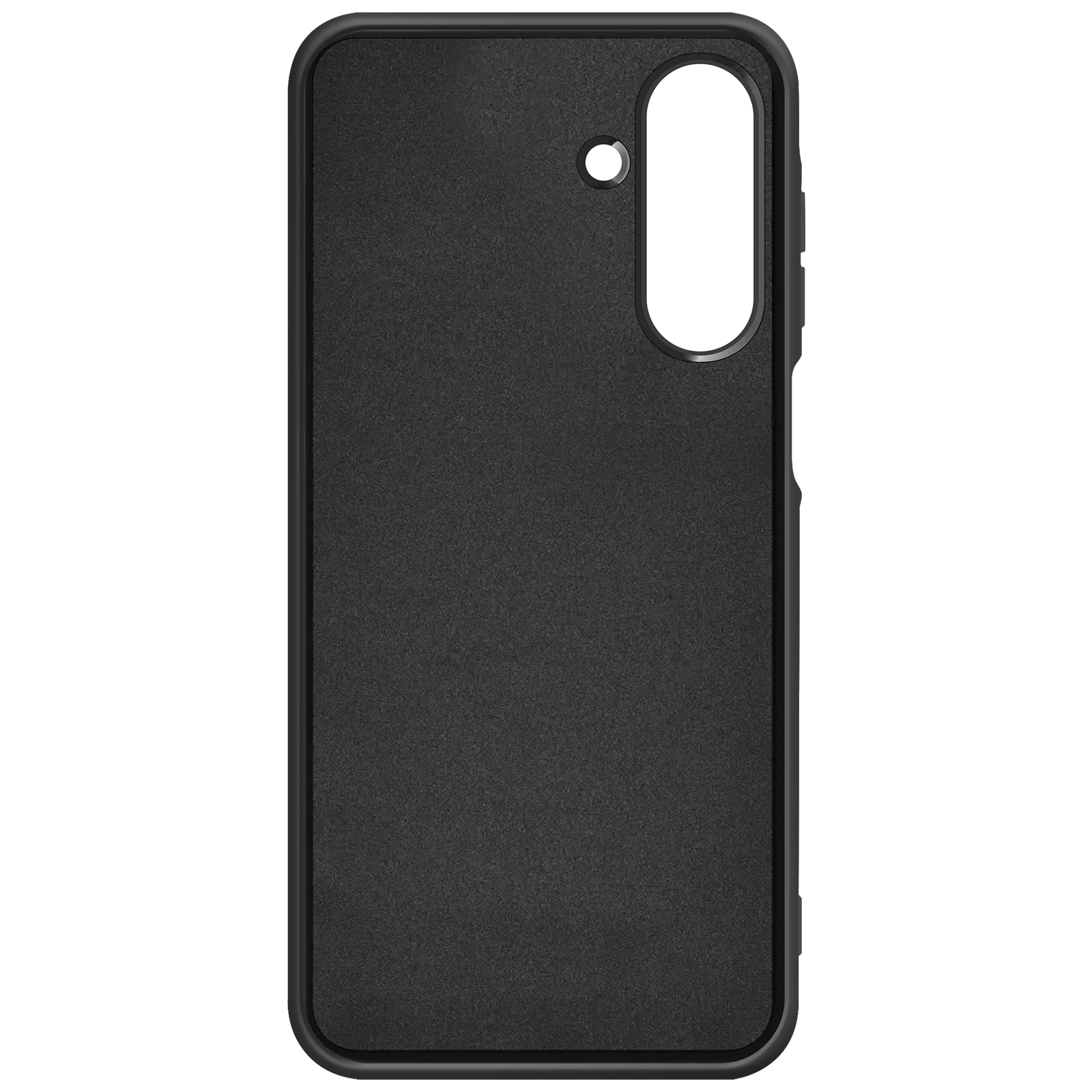 Coque de téléphone noire avec une découpe pour l'appareil photo et un petit trou. La coque a une surface texturée.