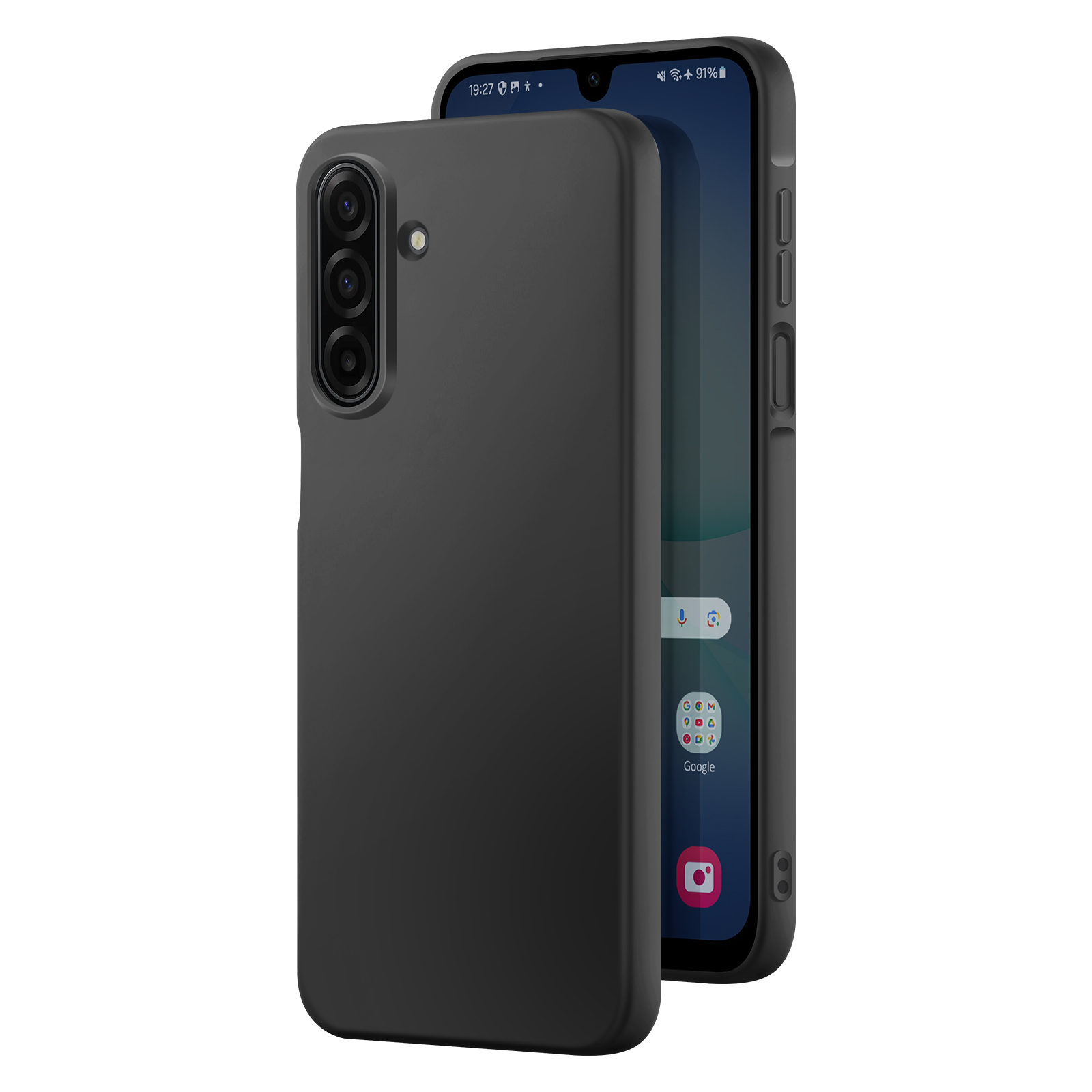 Smartphone noir dans un étui noir, légèrement ouvert. L'écran affiche un écran d'accueil.