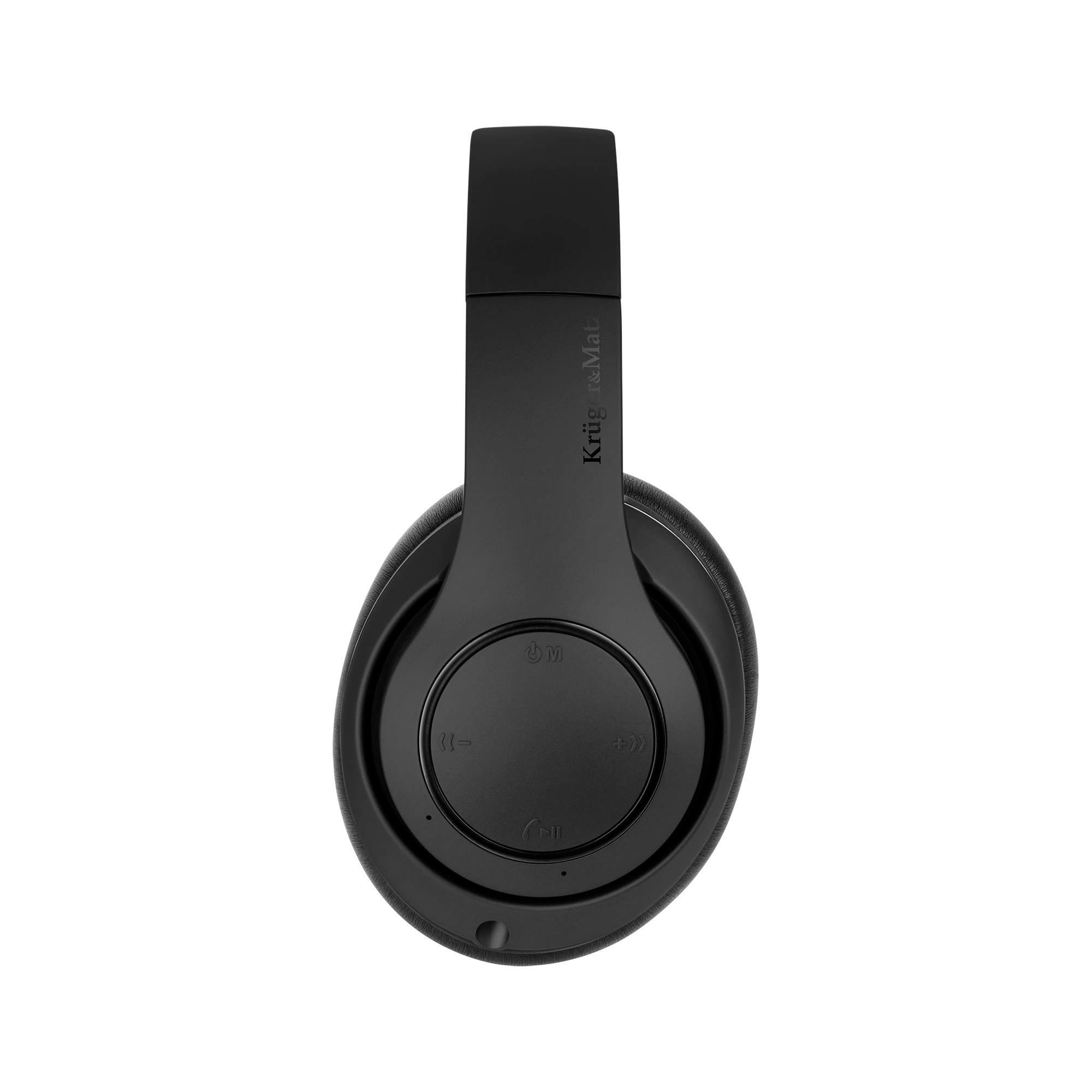 Czarne słuchawki nauszne, marka 'Krugger & Matz'. Sterowanie: głośność, zasilanie i odtwarzanie/pauza.