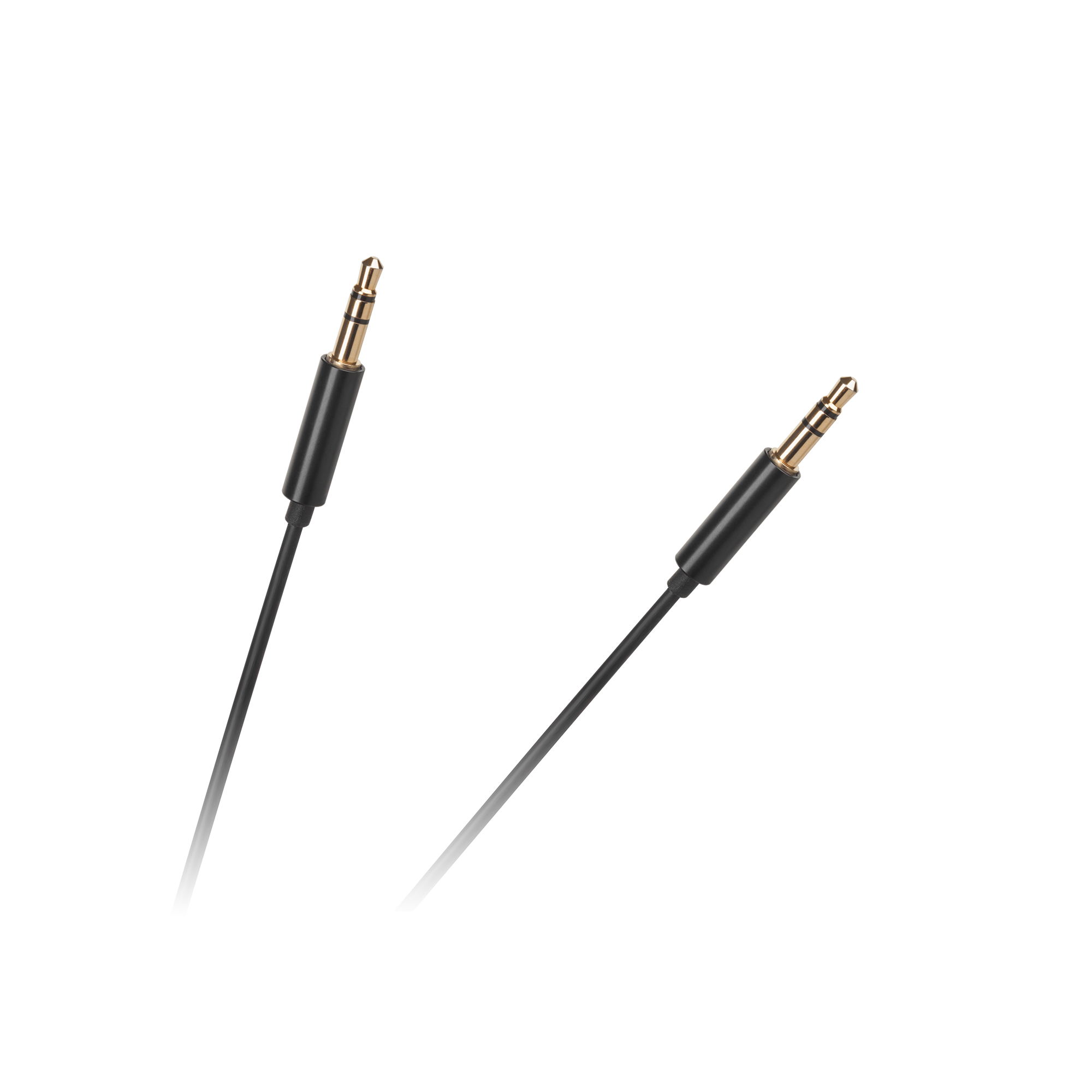 Dwa złącza jack audio z czarnymi kablami. Gniazda są złote. Tło to mieszanka bieli i szarości.