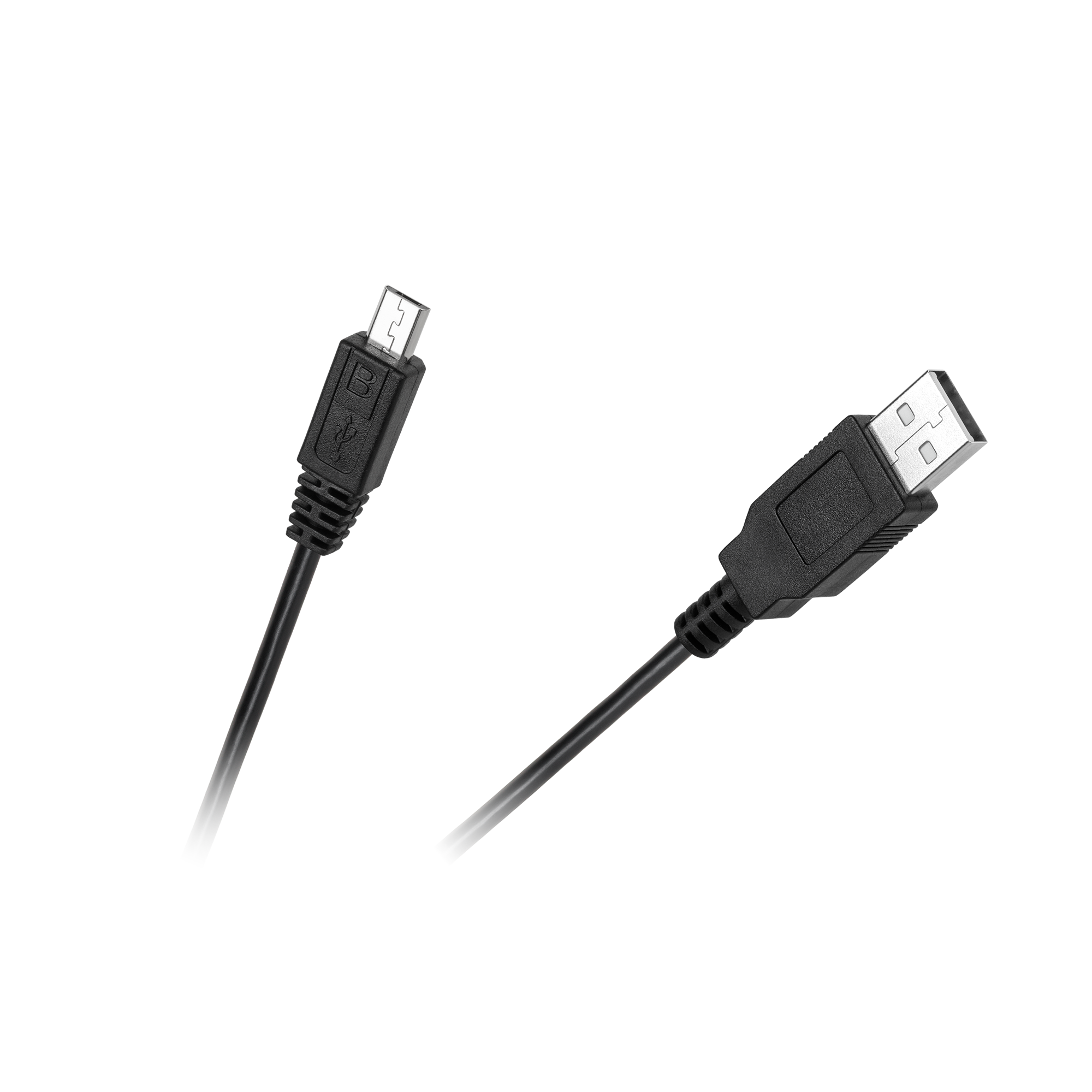 Czarny kabel USB z wtyczką micro USB i standardową USB, na szaro-białym tle.