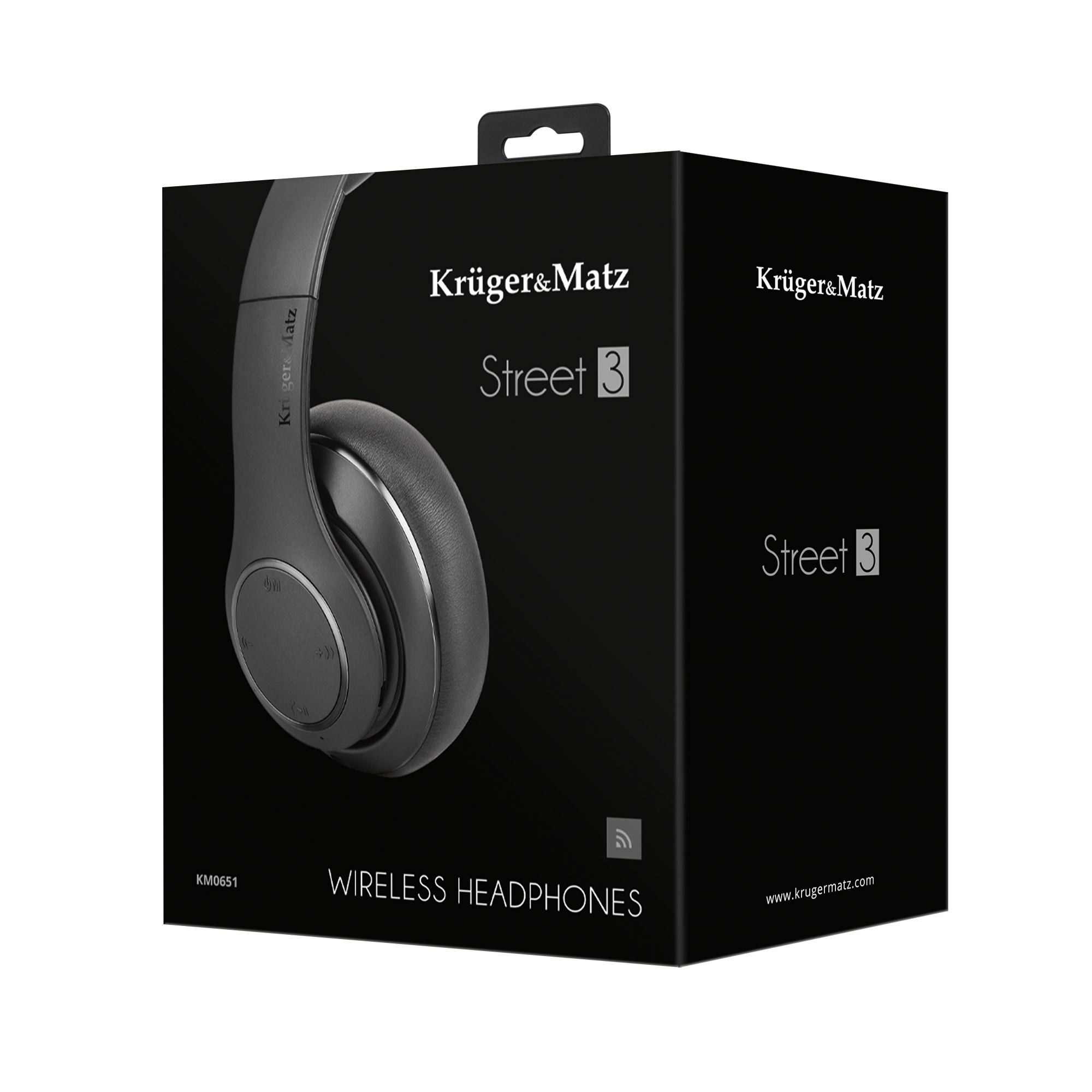 Czarne pudełko z bezprzewodowymi słuchawkami Kruger&Matz Street 3. Słuchawki widoczne na pudełku.