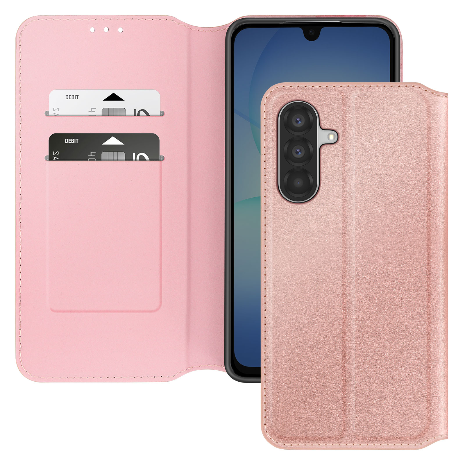 Rosa Handyhülle mit zwei Kartenfächern. Ein Telefon ist darin. Debitkarten sind sichtbar. Die Hülle hat einen Kameraausschnitt.