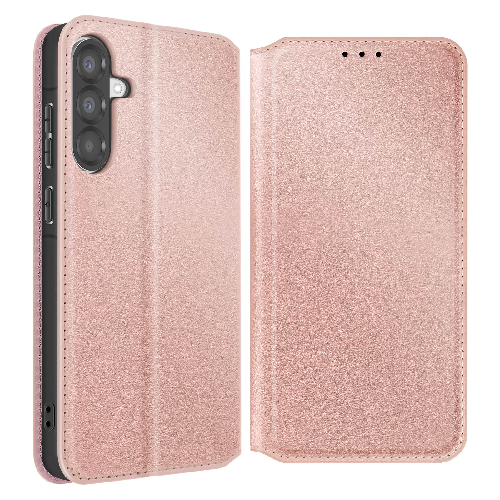 Funda rosa para teléfono, abierta. Muestra el teléfono y la cubierta. El teléfono tiene tres cámaras. La funda tiene tres puntos.