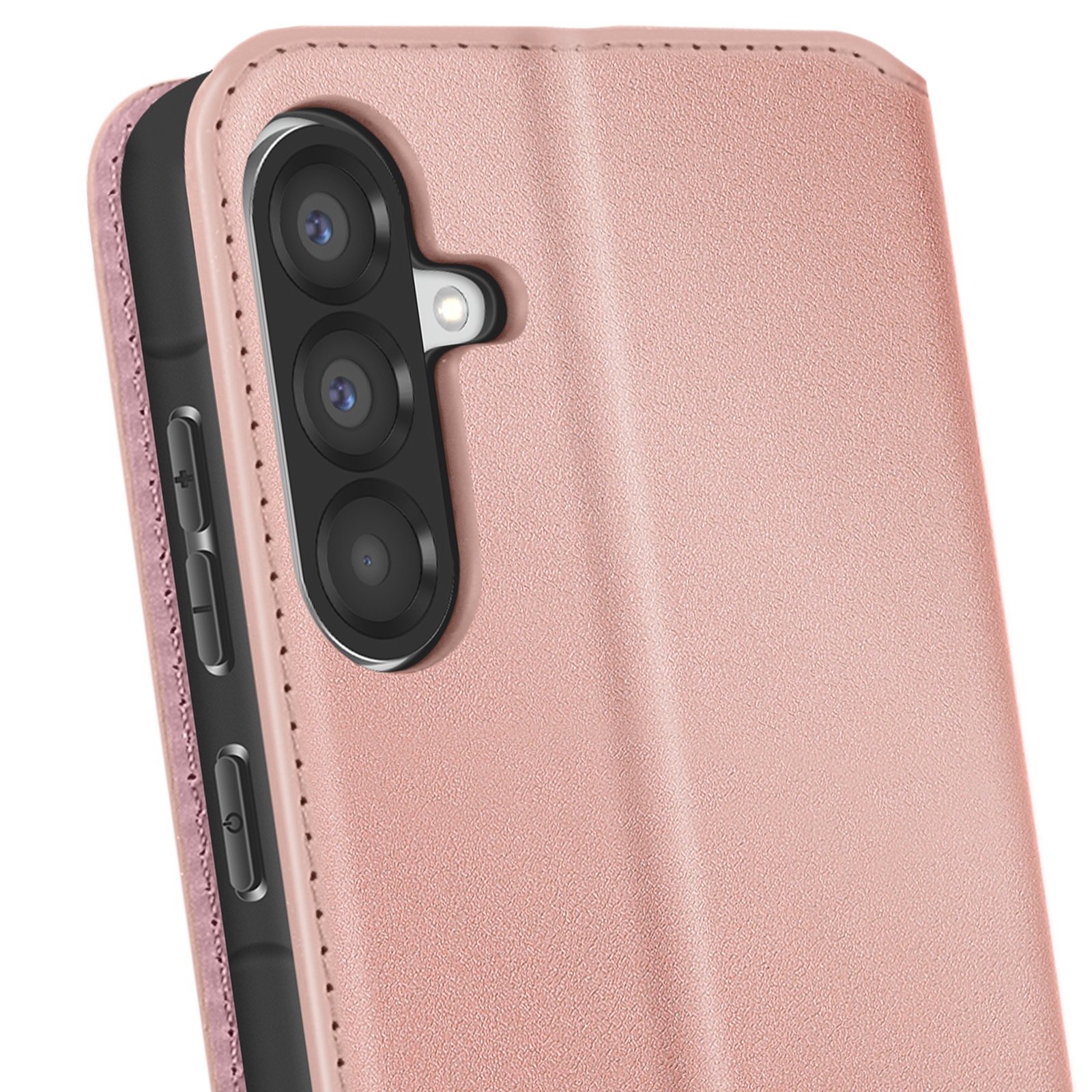 Primer plano de una funda de teléfono rosa con lentes de cámara y botones laterales.