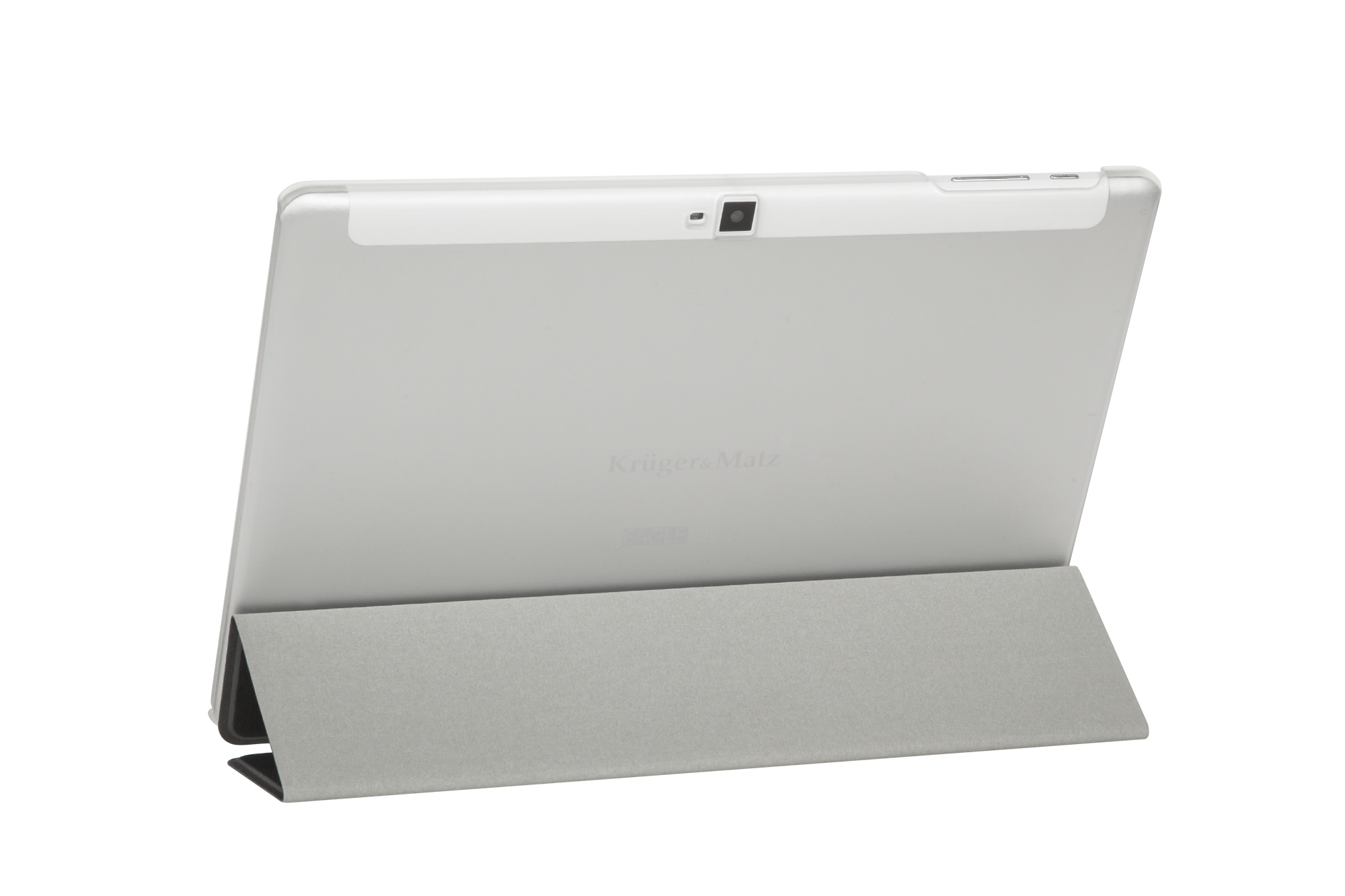 Srebrny tablet z szarą obudową jest podparty. Nazwa marki jest widoczna z tyłu. Tablet ma aparat.