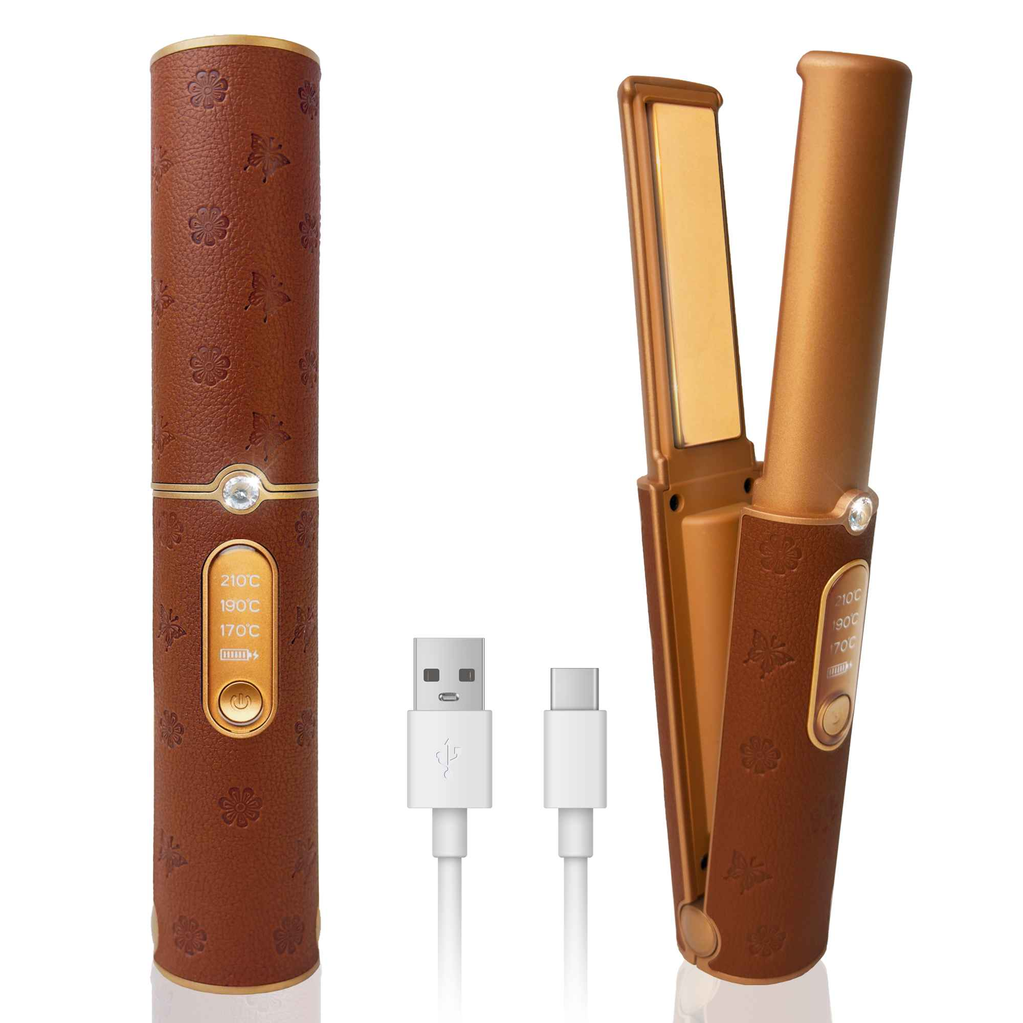 Ein brauner Haarglätter mit Lederstruktur und Hülle, geöffnet, mit weißen USB-Kabeln. Es hat Temperatureinstellungen.