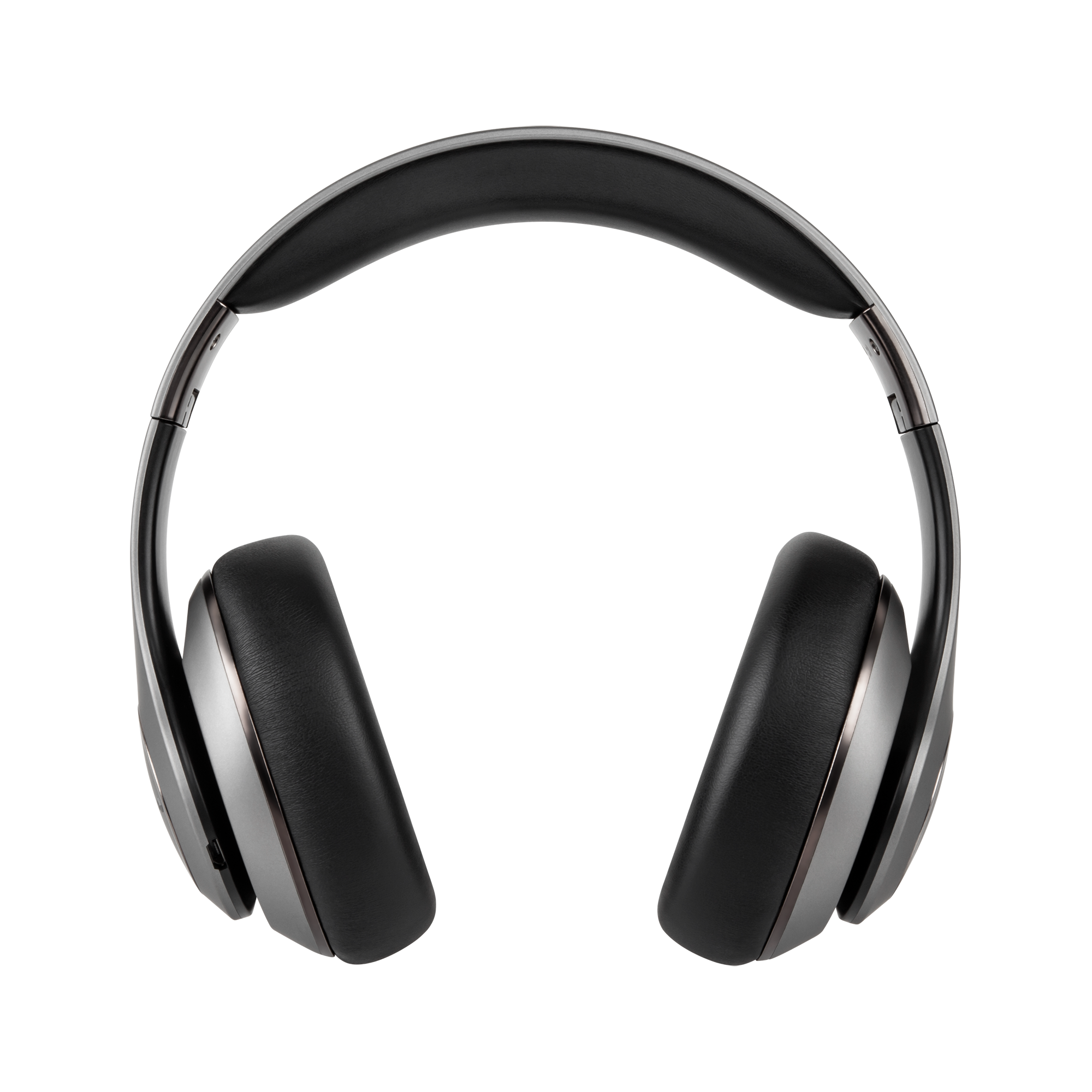 Słuchawki. Czarne nauszniki i pałąk ze srebrnymi akcentami. Tło to gradient szarych i białych kwadratów.