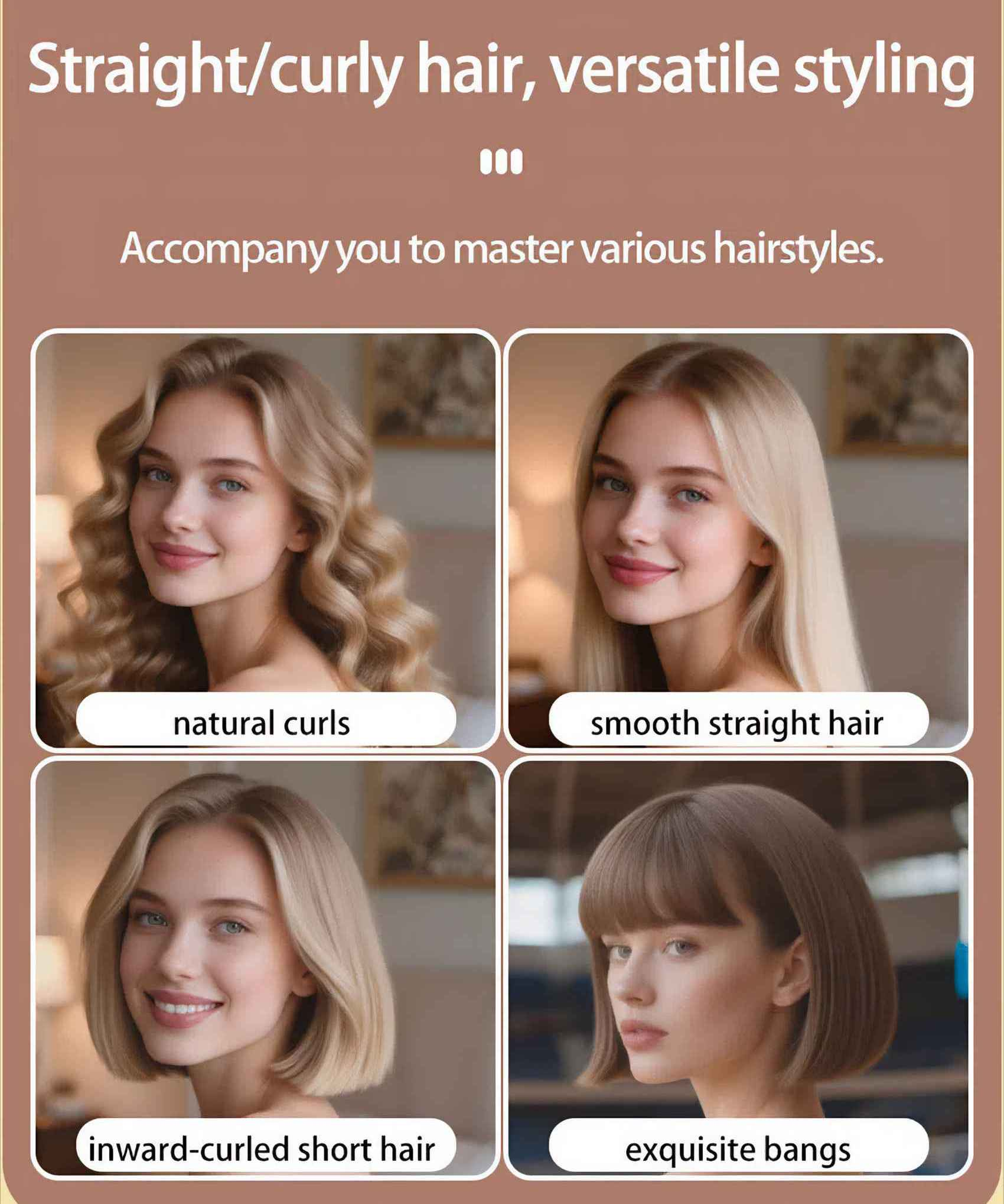 Das Bild zeigt vier Frauen mit verschiedenen Frisuren: natürliche Locken, glattes Haar, nach innen gelocktes kurzes Haar und exquisite Pony.