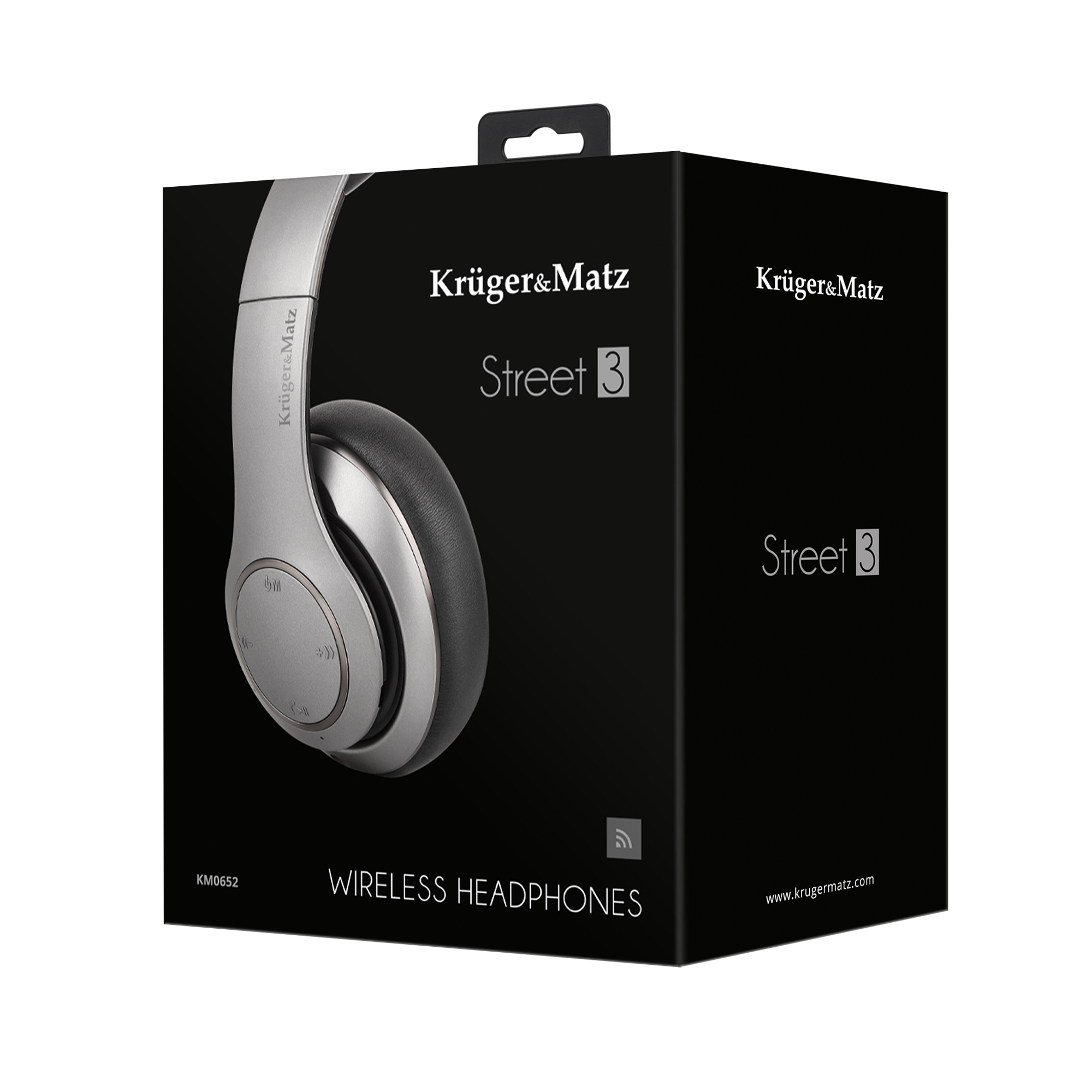 Pudełko ze srebrnym słuchawkami po lewej stronie. Pudełko jest czarne z białym napisem: Krüger&Matz Street 3 i Wireless Headphones.