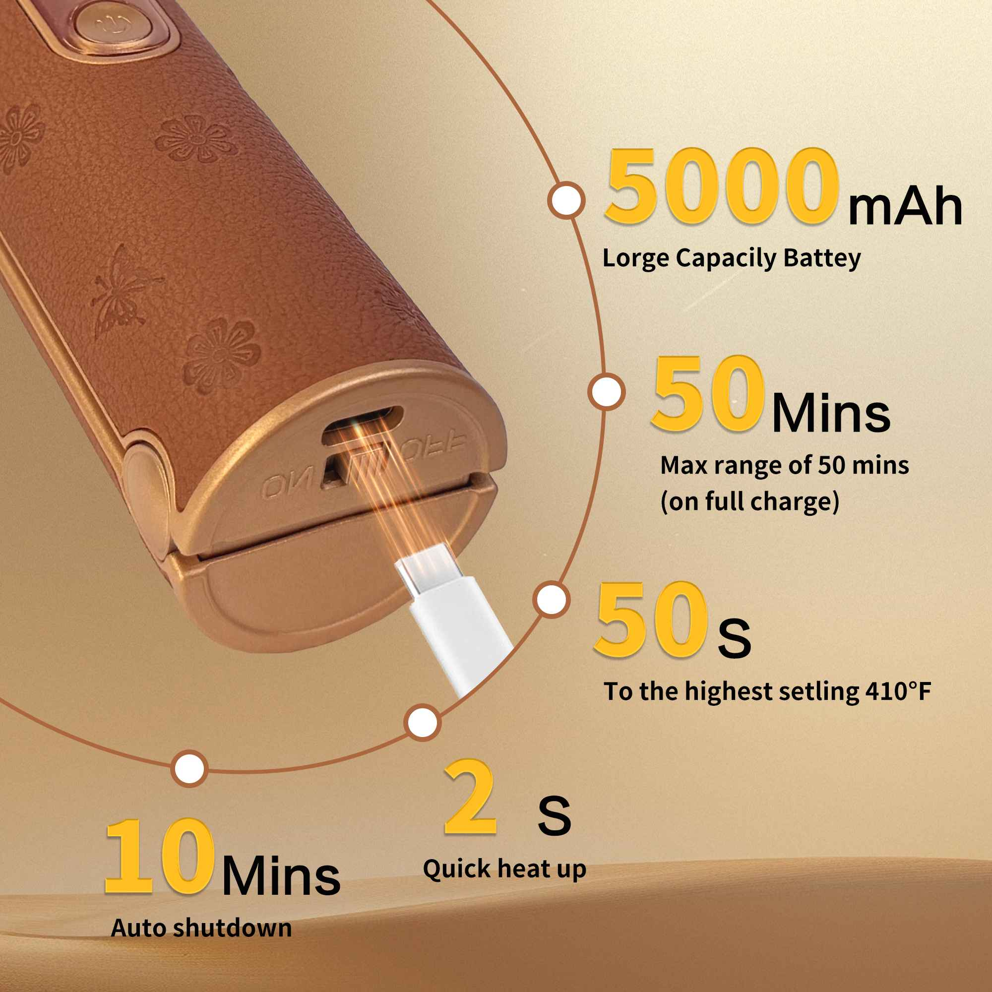 Ein goldenes Gerät mit floralen Mustern und Informationen zu Batterie, Nutzungszeit und Heizgeschwindigkeit.