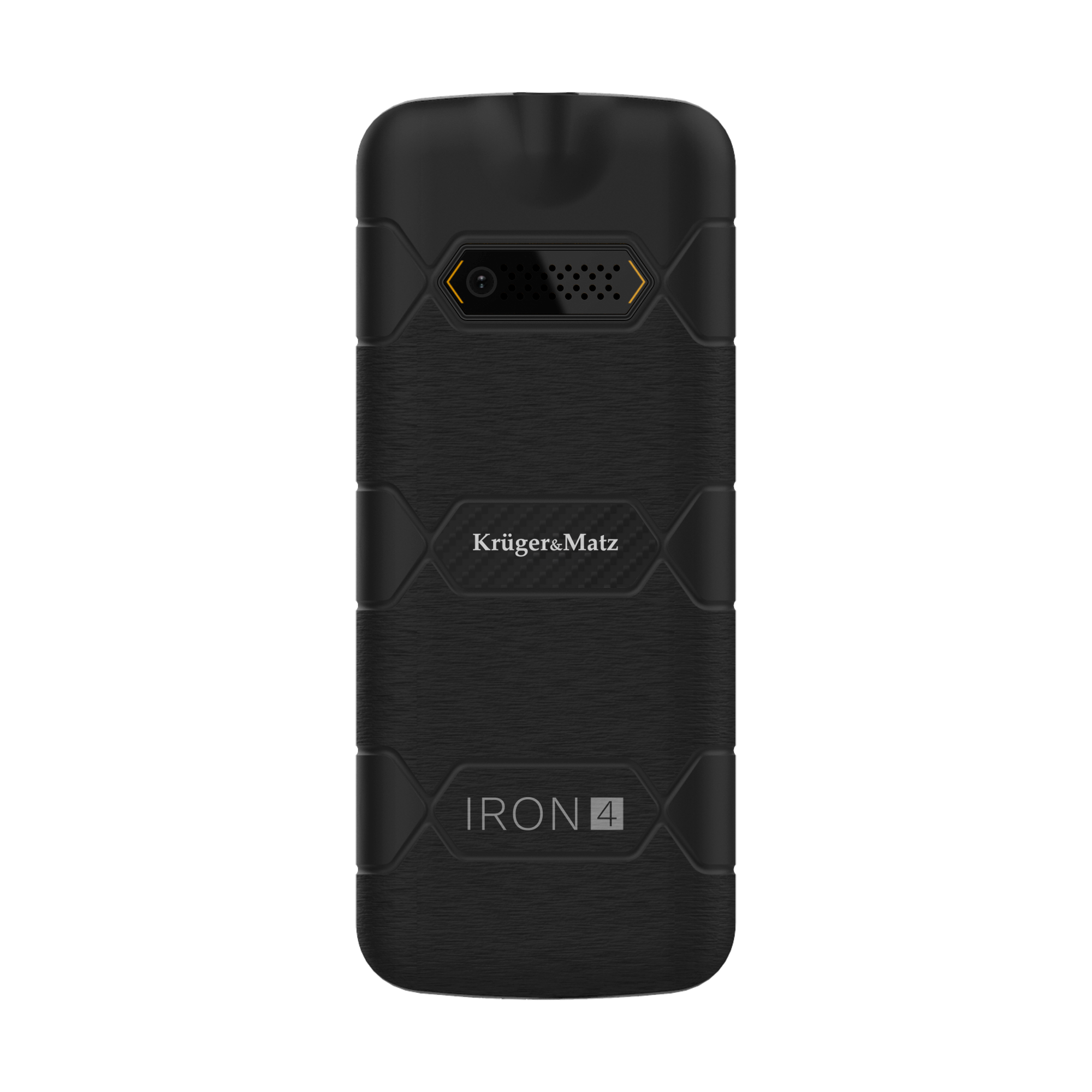 Czarny tył smartfona, marka Krüger&Matz, model IRON 4. Aparat i głośnik u góry. Solidny design.