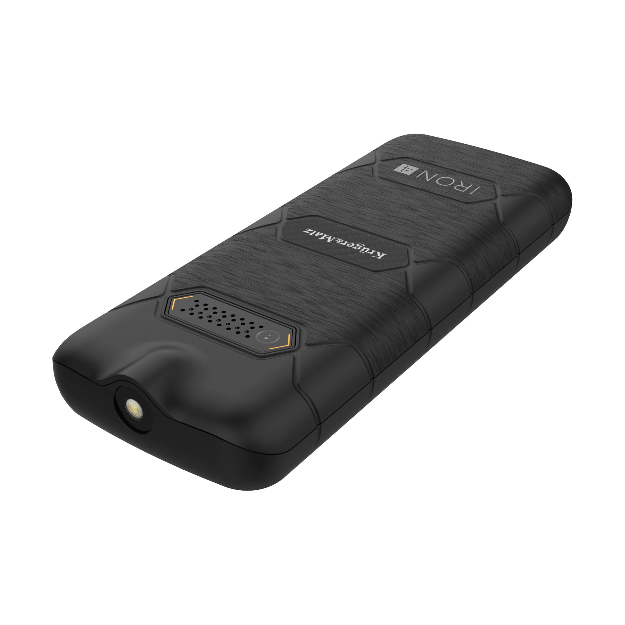 Czarne prostokątne urządzenie z teksturowaną powierzchnią, światłem na jednym końcu i logo "Kruger&Matz".