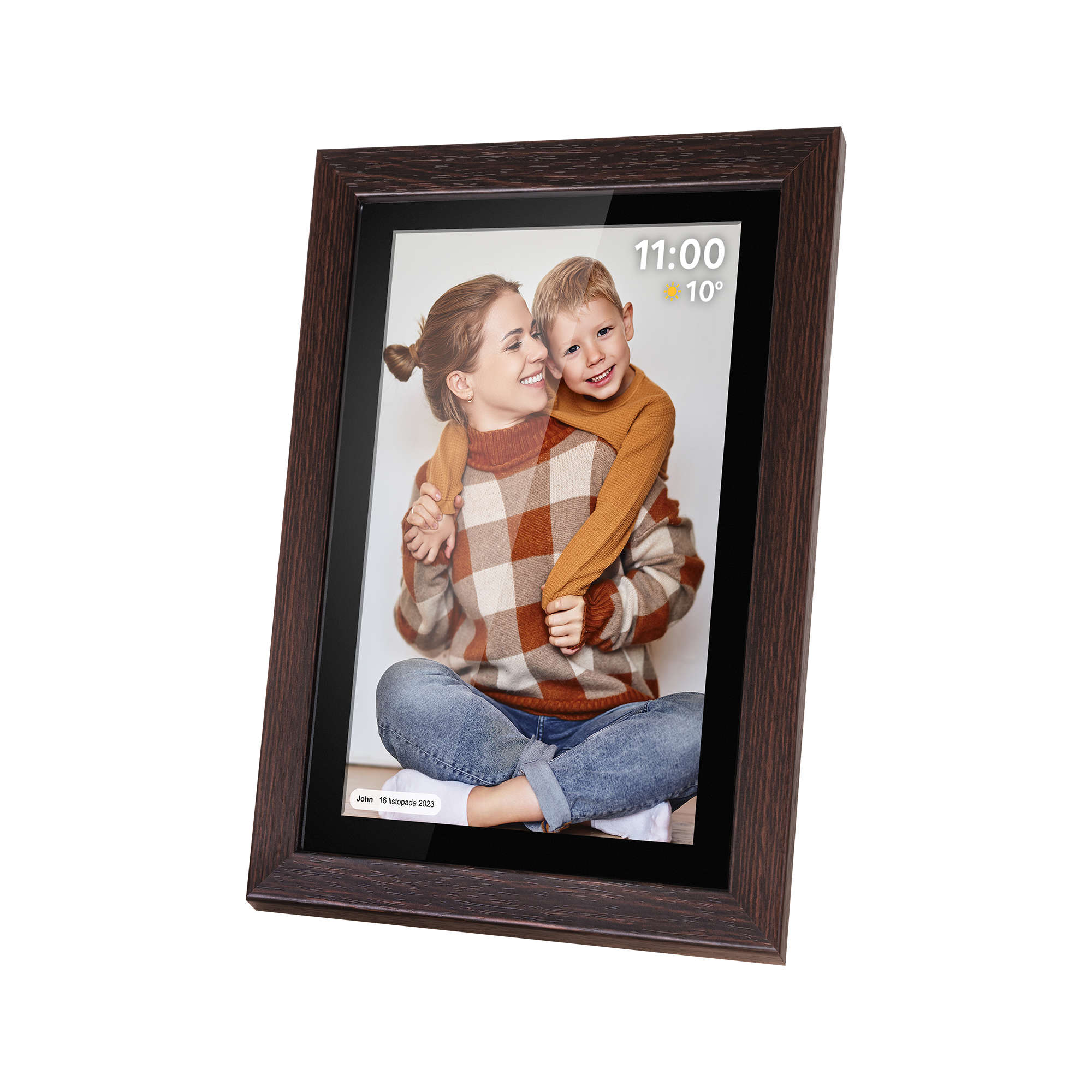 Ramka ze zdjęciem kobiety i dziecka. Kobieta obejmuje dziecko. Uśmiechają się. Godzina 11:00, 10 stopni.