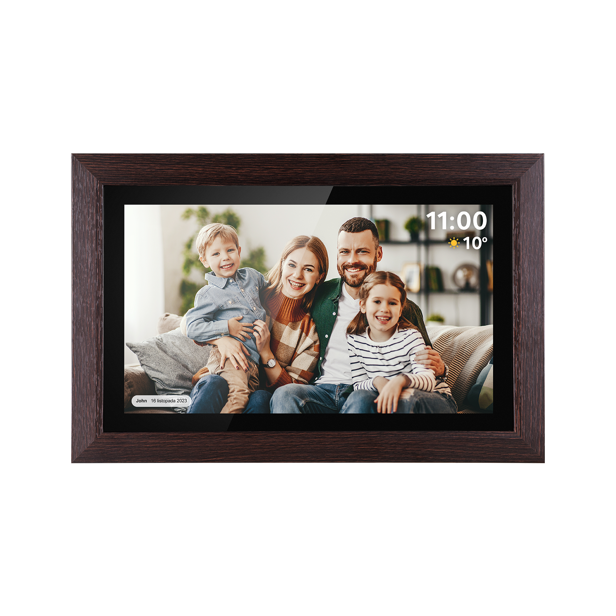 Oprawione zdjęcie rodziny. Na zdjęciu mężczyzna, kobieta i dwoje dzieci uśmiechających się na kanapie. Wyświetlany jest czas i temperatura.