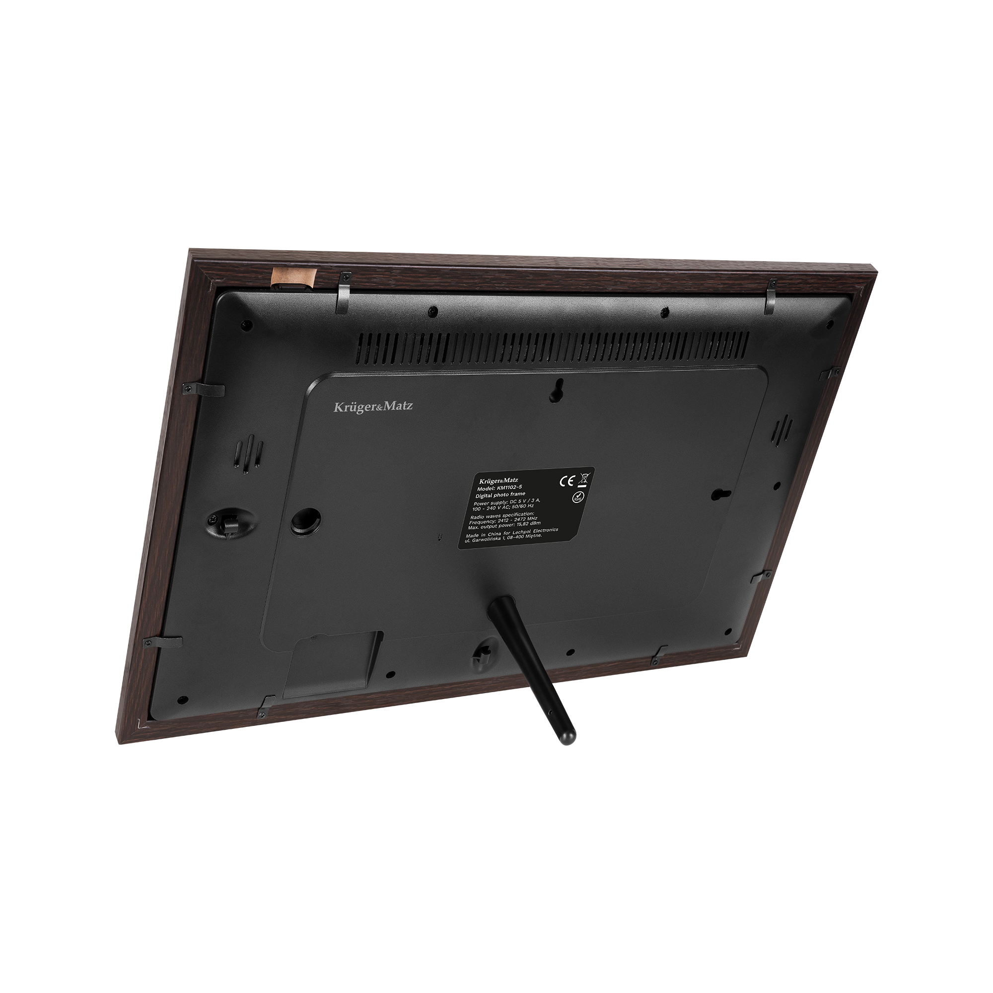 Tył cyfrowej ramki na zdjęcia, z ramą z ciemnego drewna, czarnym tyłem i stojakiem.