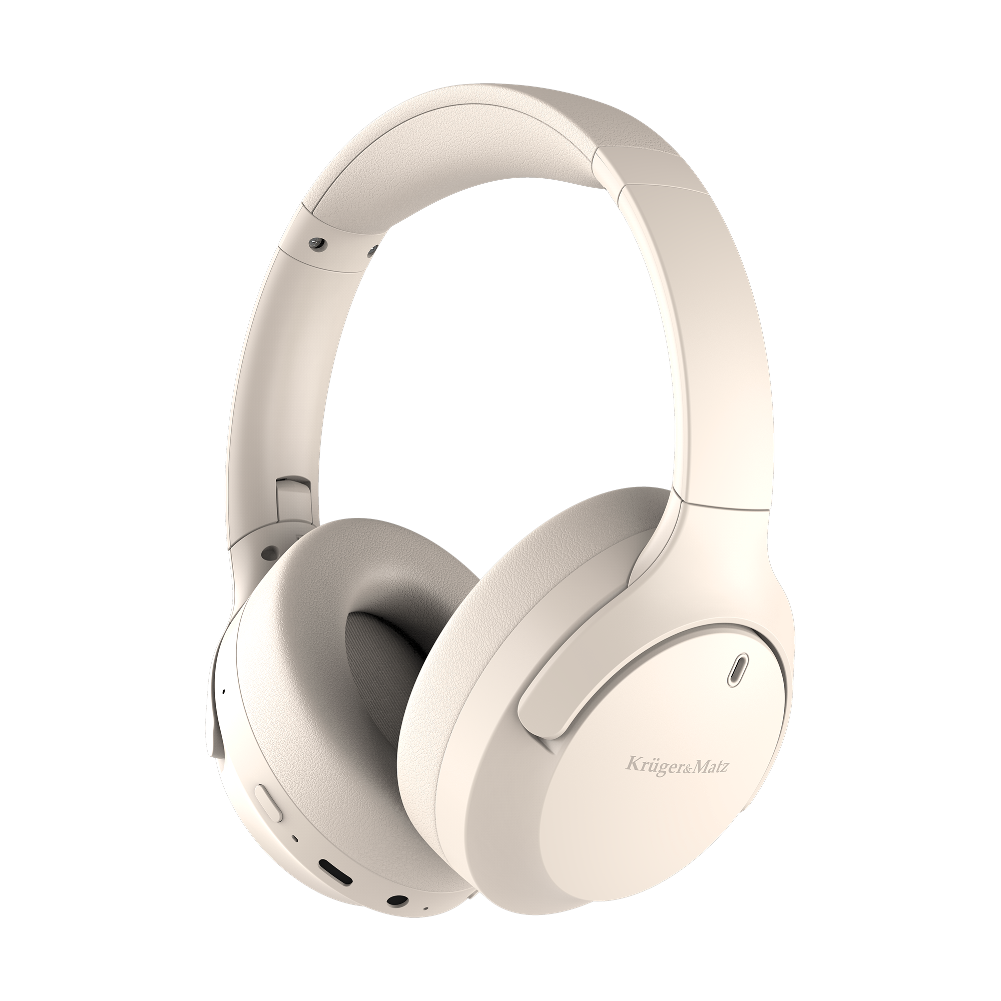 Kremowe słuchawki nauszne z marką 'Krugers&Matz' z boku. Na ciemnym tle.