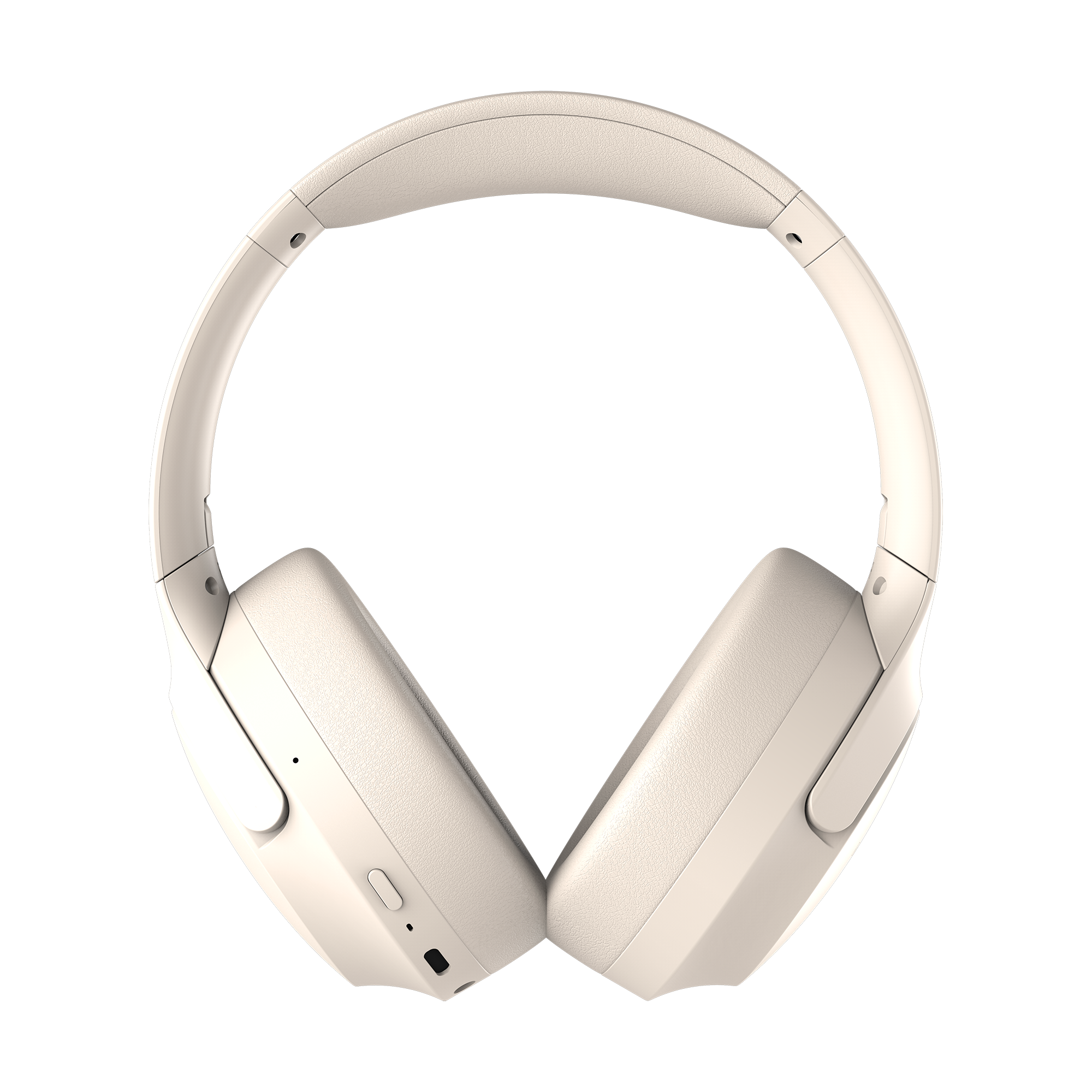 Kremowe słuchawki na czarnym tle. Słuchawki to model nauszny, z wyściełanym pałąkiem i nausznicami.