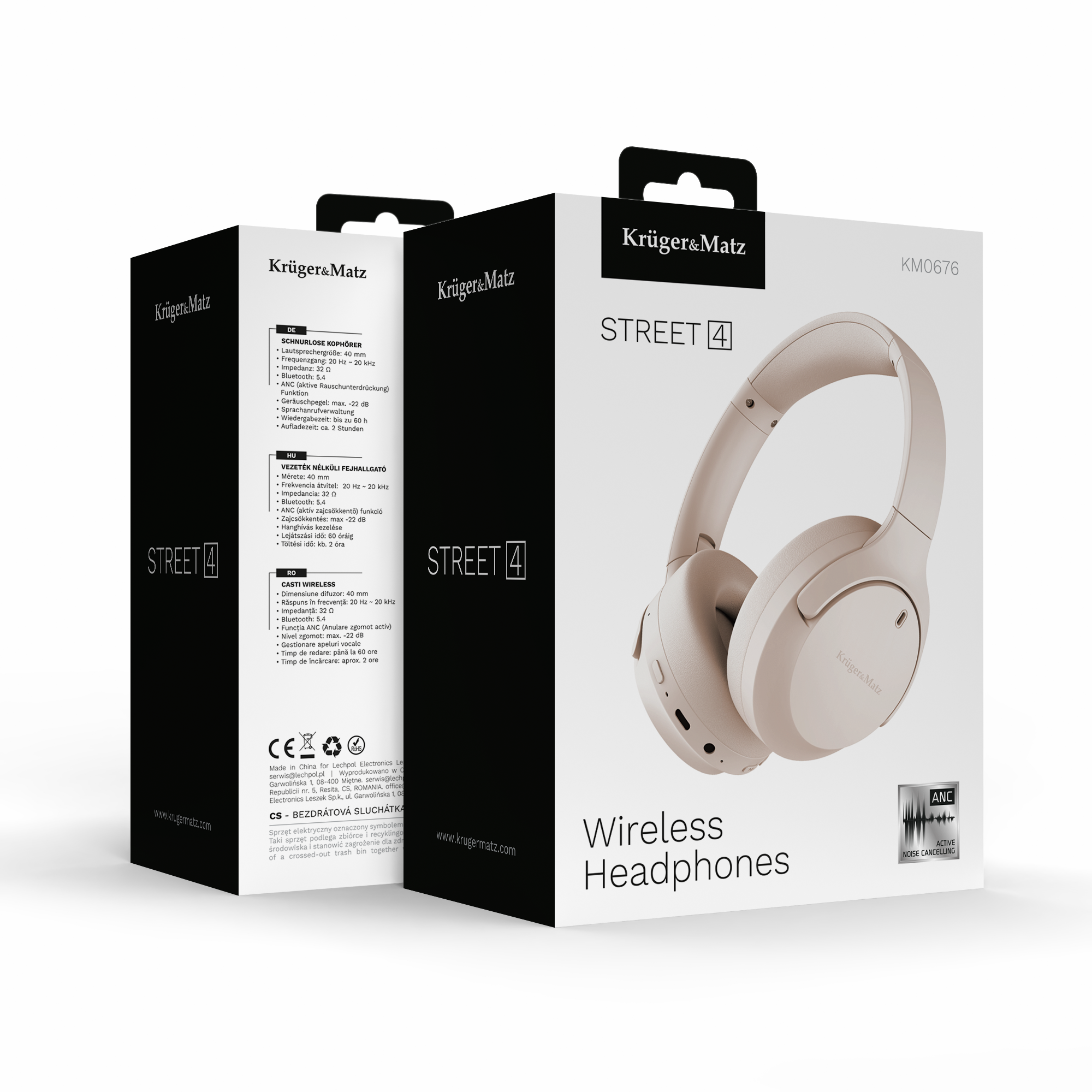 Zdjęcie produktu bezprzewodowych słuchawek Krüger&Matz Street 4 na białym tle. Widoczne pudełko i słuchawki.