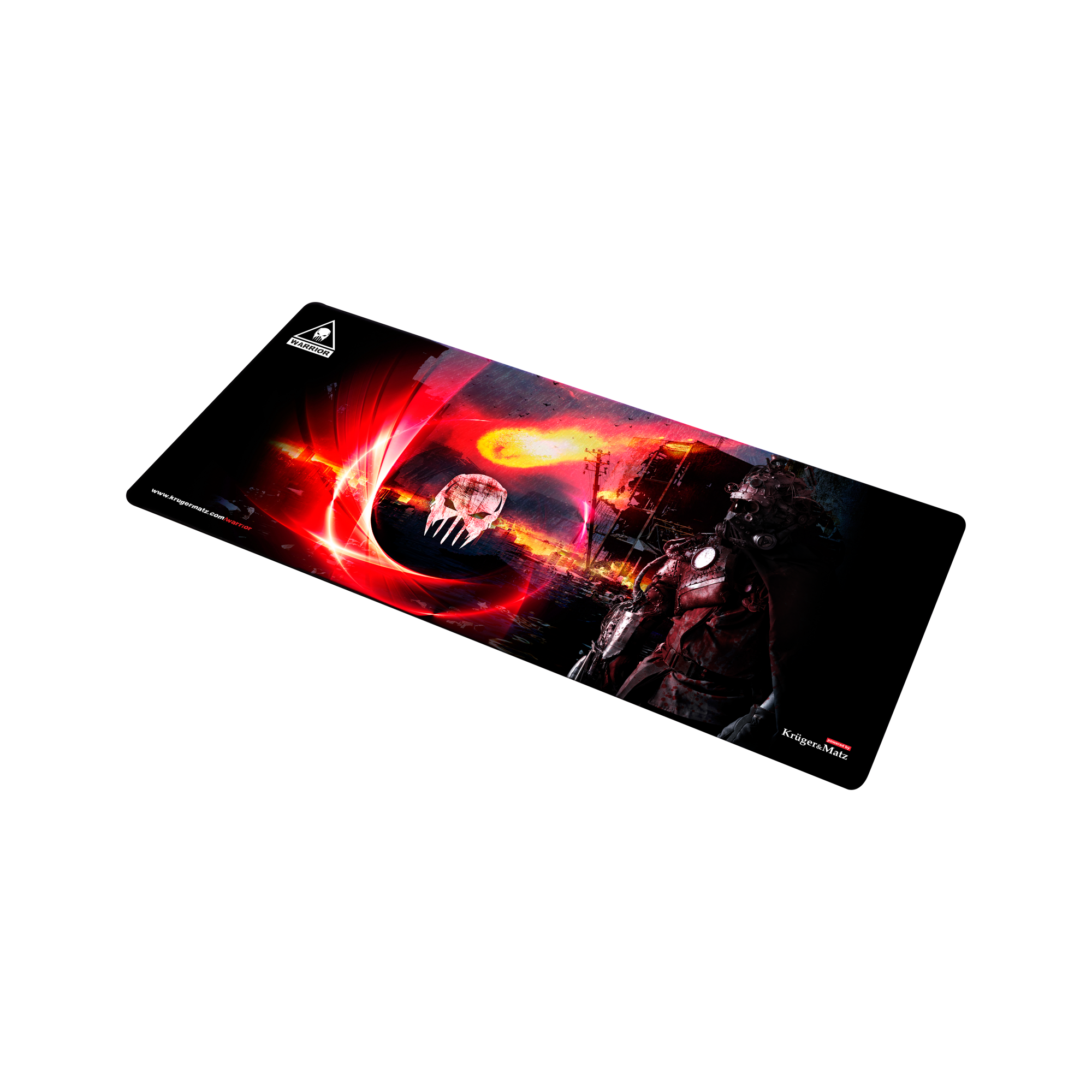 Podkładka pod mysz do gier z dystopijną sceną. Czaszka i postać w masce i goglach są w centrum w kolorach czerwonym i czarnym.