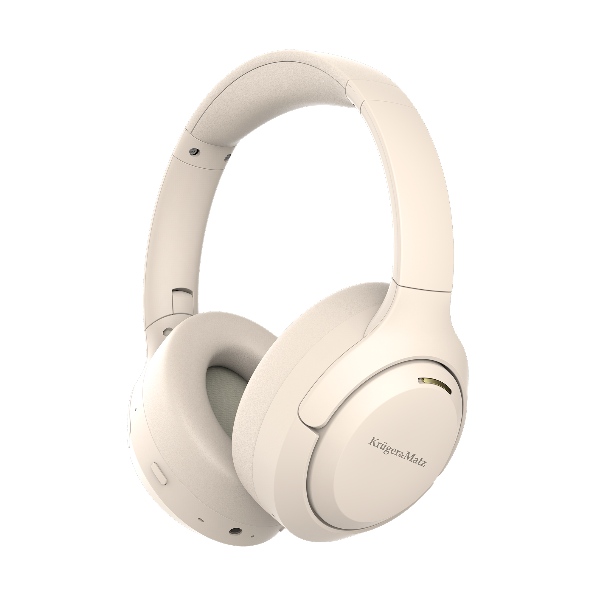 Kremowe słuchawki nauszne z widoczną nazwą marki Kruger & Matz z boku. Tło jest czarne.