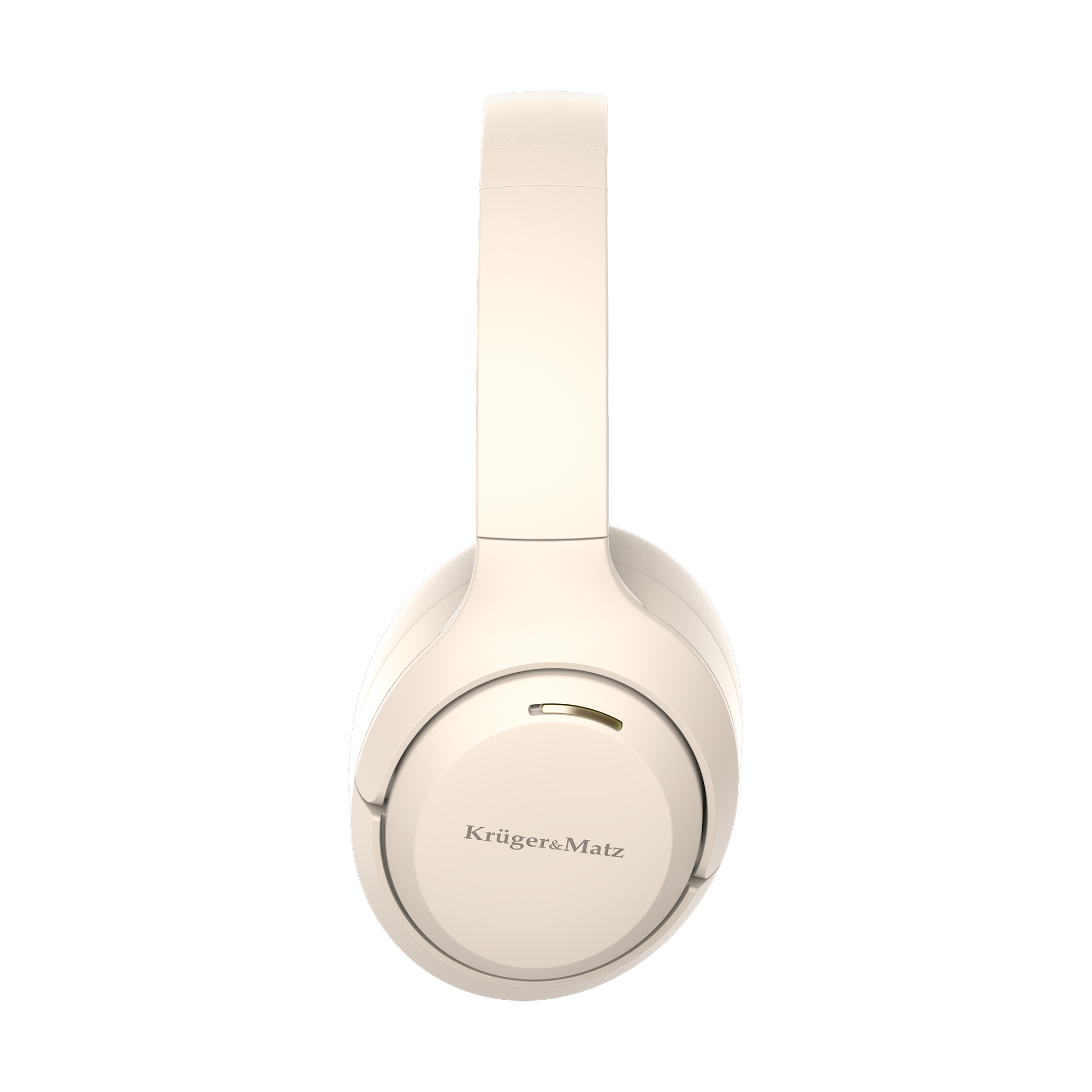 Kremowe słuchawki. Nazwa marki Krüger&Matz jest nadrukowana na nauszniku. Tło jest czarno-białe.