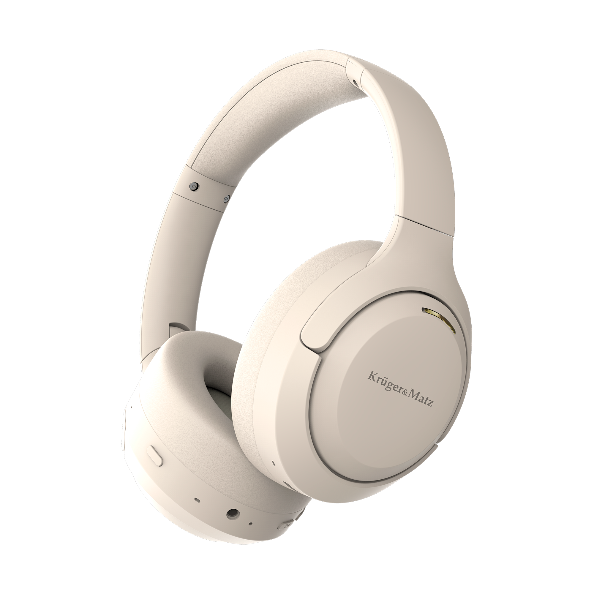Kremowe słuchawki Krüger&Matz. Posiadają wyściełany pałąk i nauszniki. Nazwa marki jest nadrukowana.