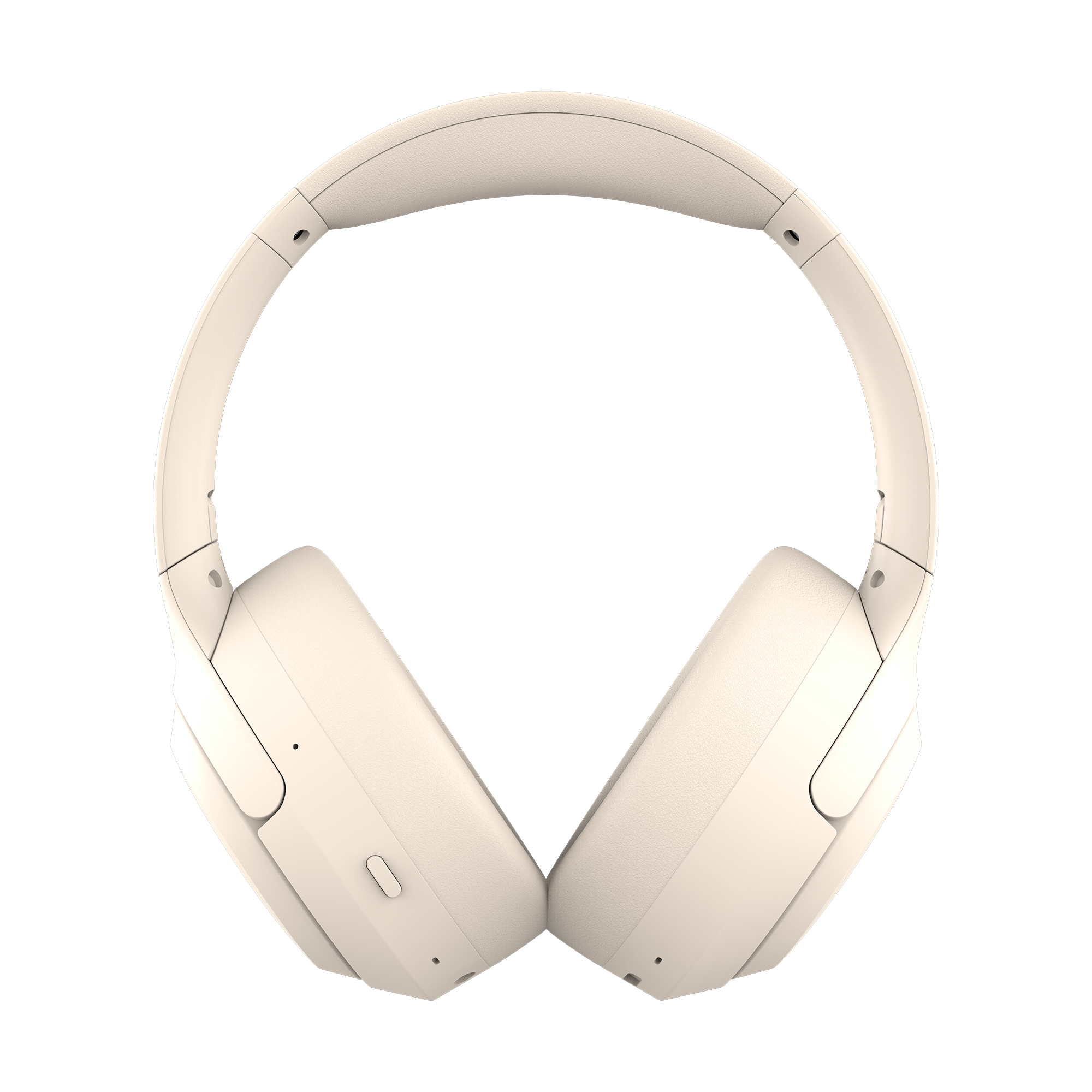 Kremowe słuchawki na czarnym tle. Słuchawki nauszne z wyściełanym pałąkiem.