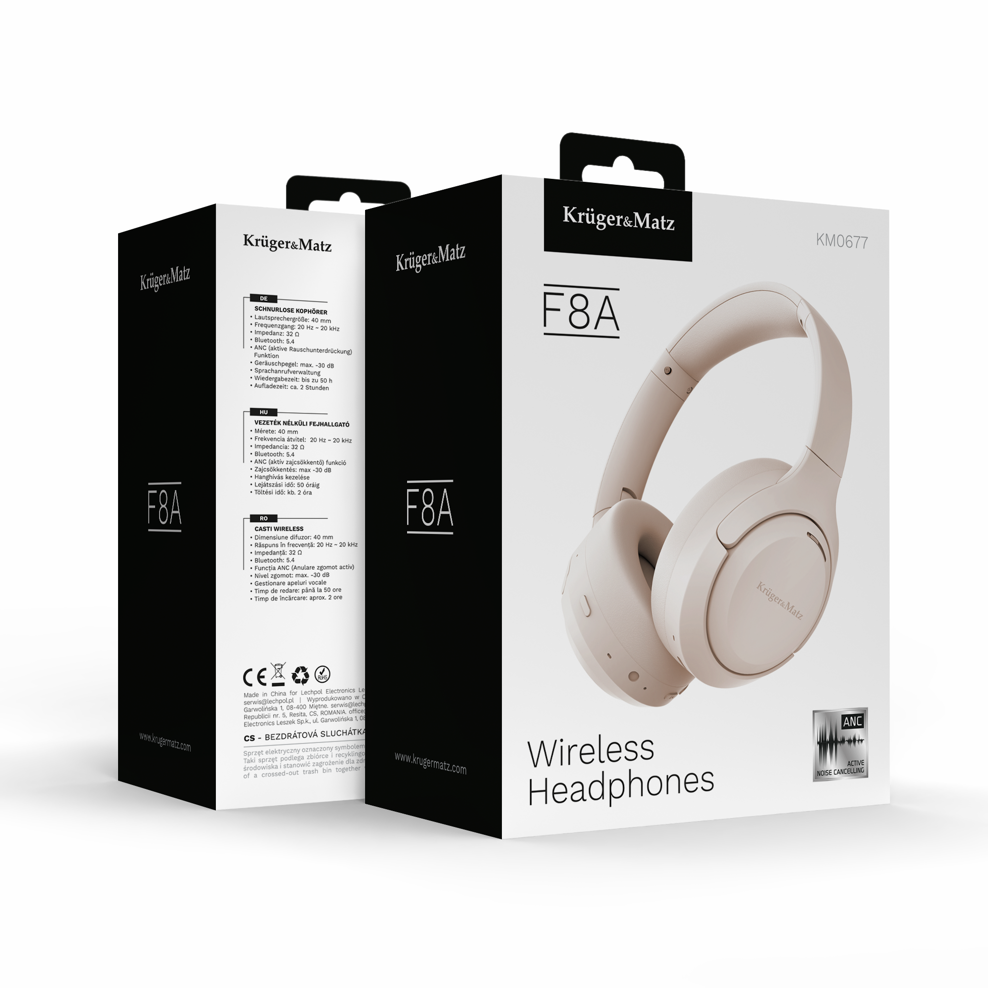 Zdjęcie produktu słuchawek bezprzewodowych w pudełku. Słuchawki są beżowe. Pudełko jest biało-czarne.