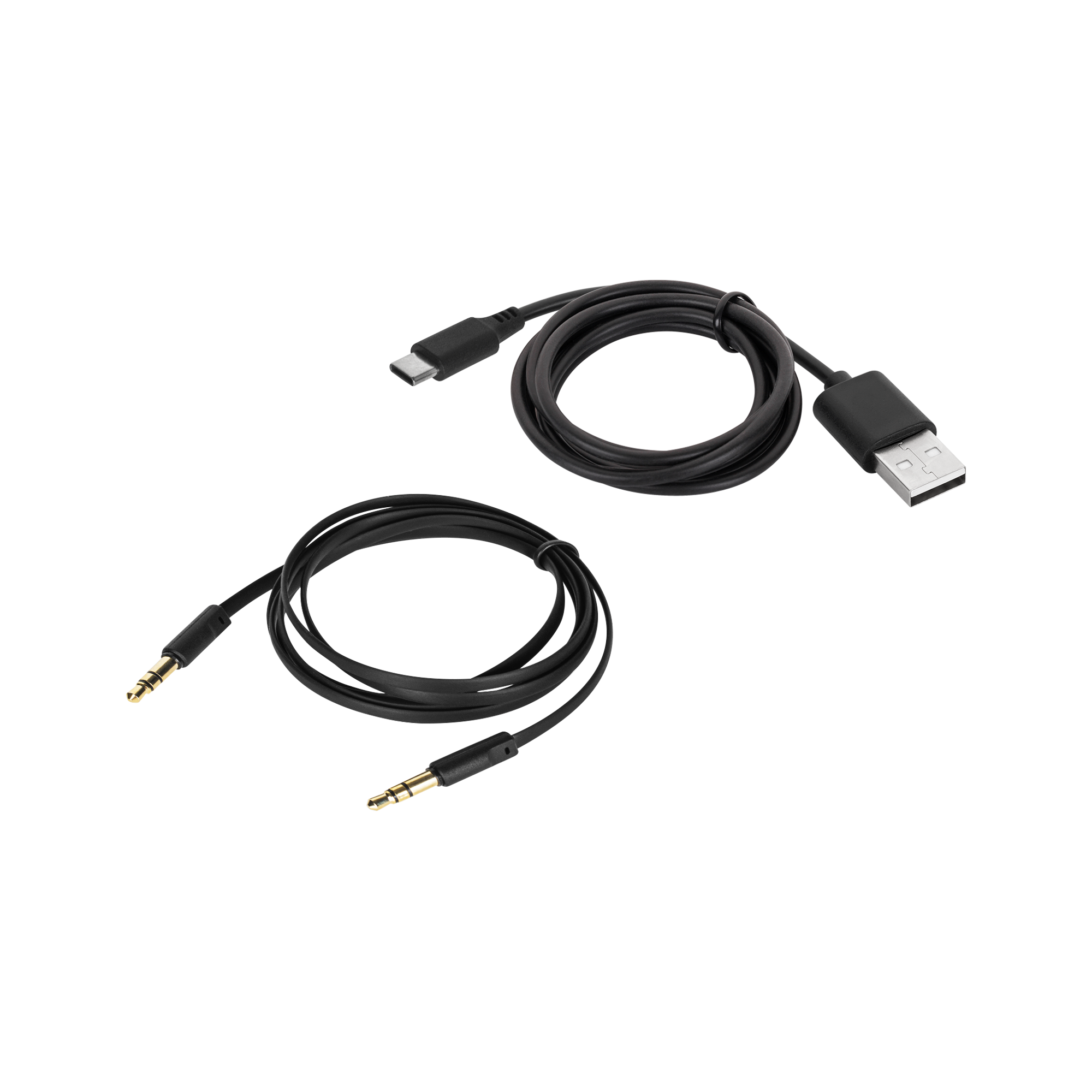 Dwa zwinięte czarne kable z różnymi złączami: USB-C i USB-A oraz dwa gniazda audio 3,5 mm. Szare tło.