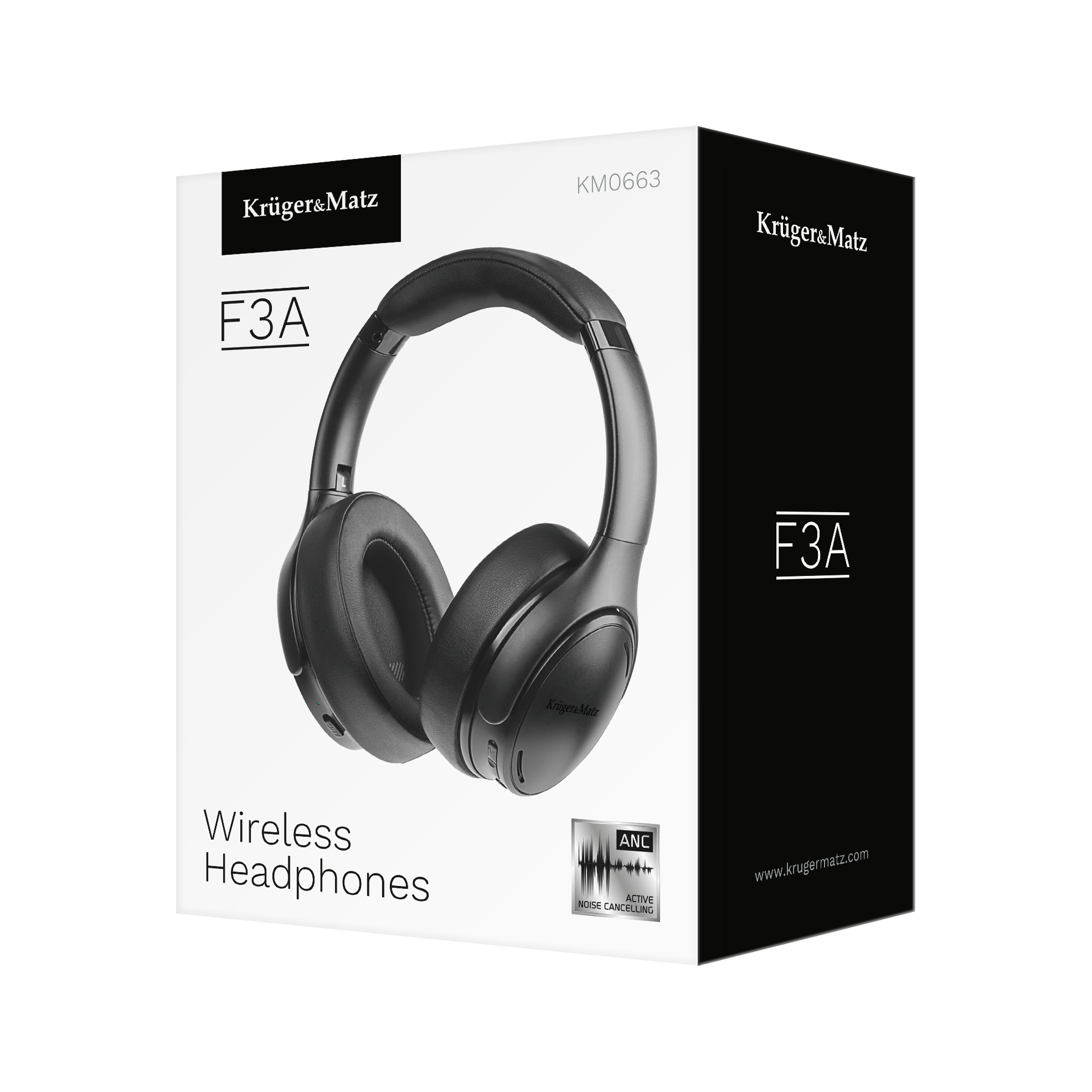 Czarne słuchawki bezprzewodowe na białym pudełku. Pudełko ma markę i napis 'Wireless Headphones' i 'ANC'.