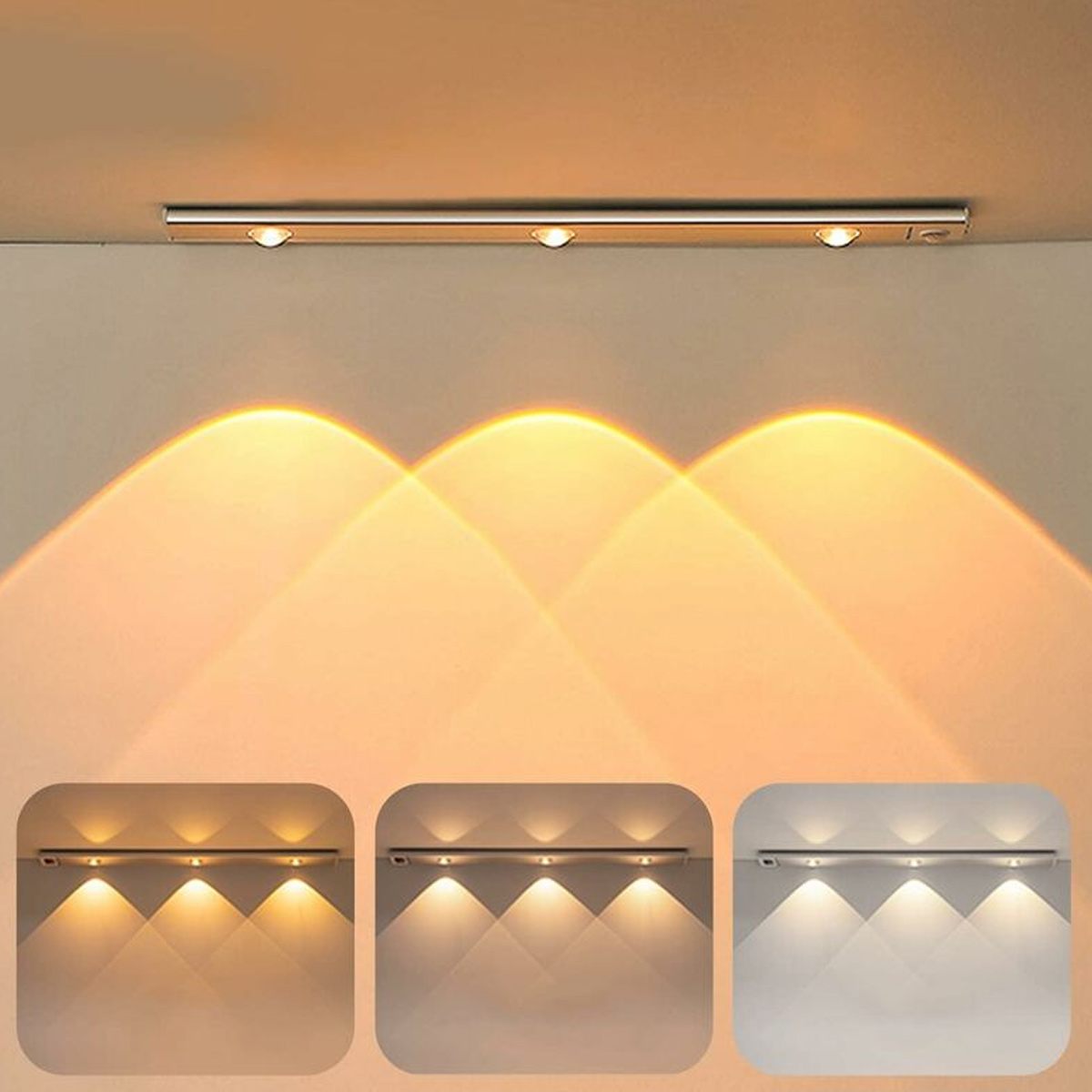Eine an der Decke montierte LED-Lichtleiste. Es werden drei Lichtmodi angezeigt: warm, neutral und kalt. Jeder Modus zeigt die unterschiedliche Farbtemperatur des Lichts.