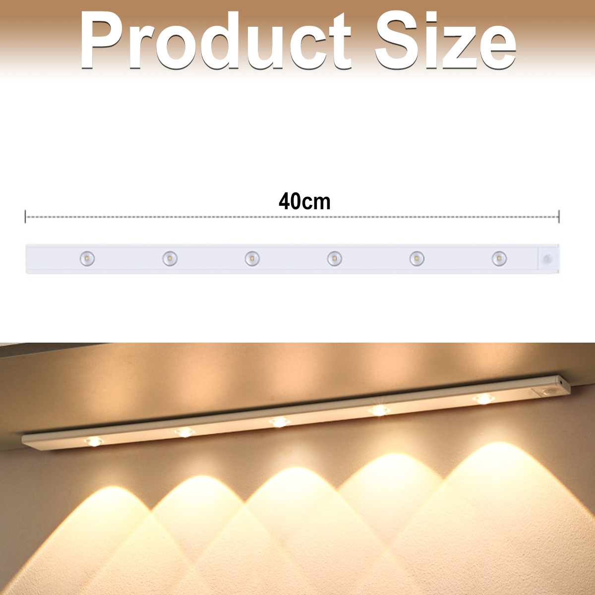 Ein weißer LED-Streifen mit 7 Lichtern, bezeichnet als 40 cm, wird gezeigt. Darunter ist er an einer Wand montiert und strahlt warmes Licht aus.