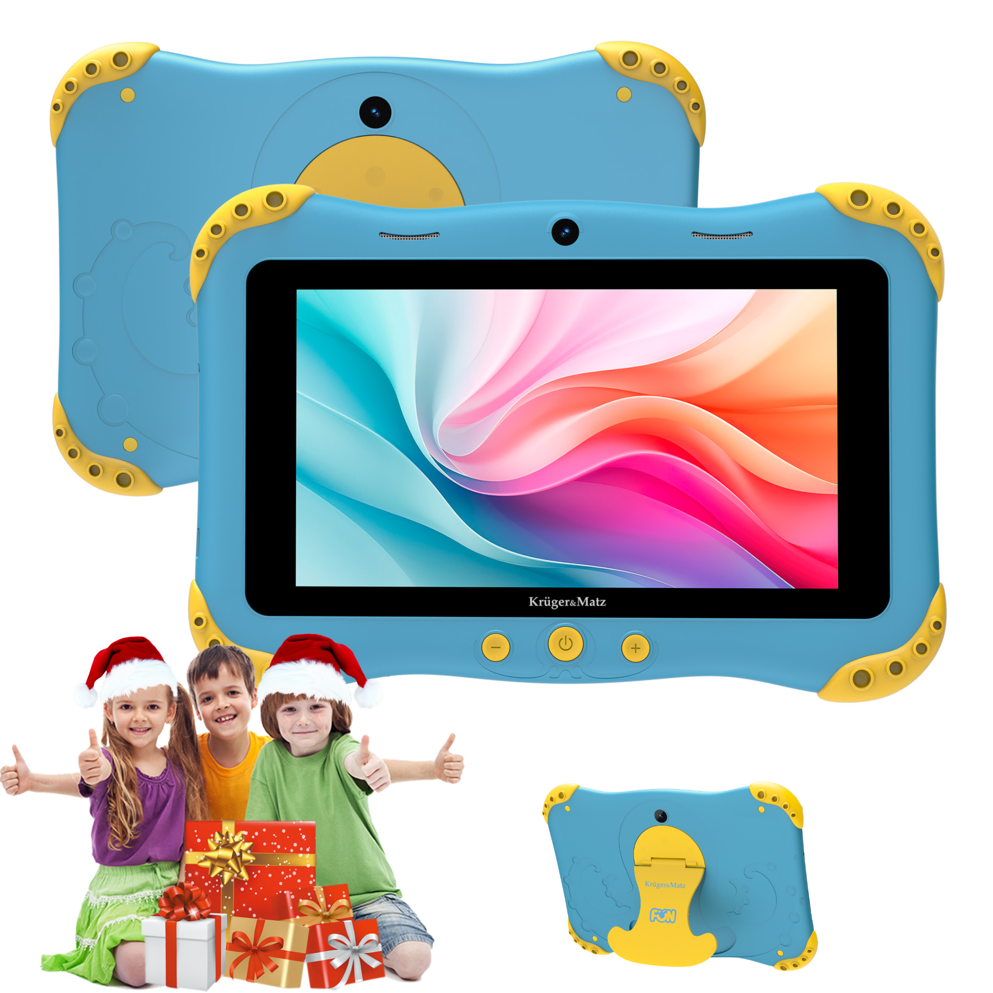 Niebieski tablet z kolorowym ekranem, dzieci w czapkach Mikołaja i prezenty. Gest kciuka w górę.