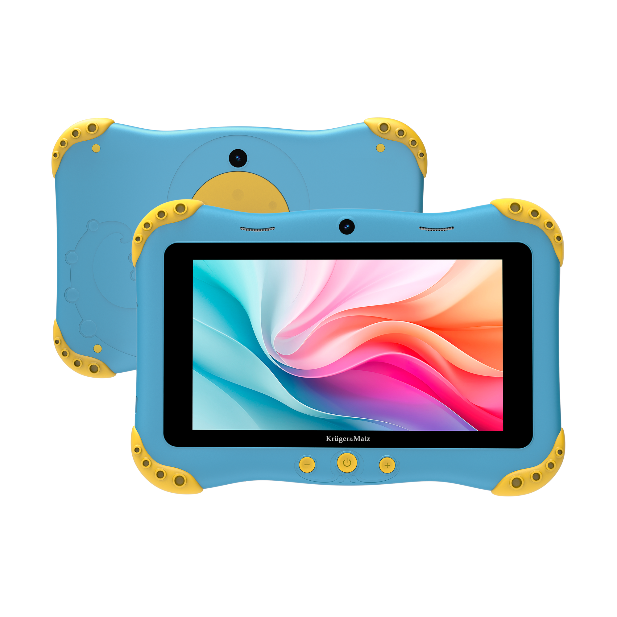 Niebiesko-żółty tablet z kolorowym ekranem, drugi tablet z tyłu. Marka to Krüger&Matz.
