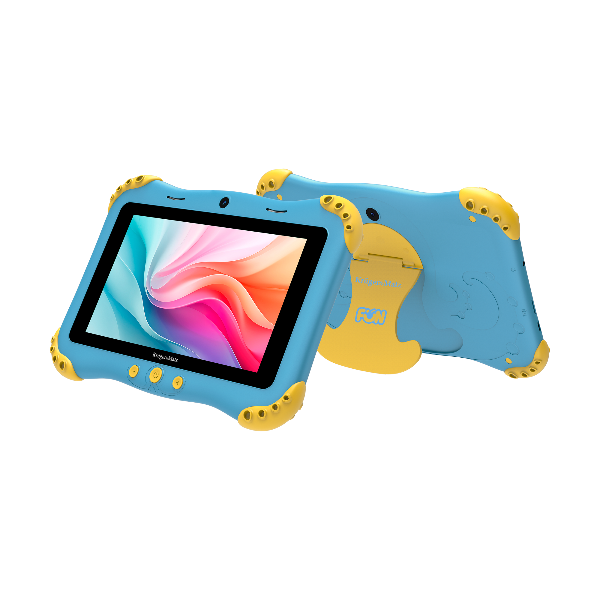 Niebiesko-żółty tablet z kolorowym ekranem, pokazano dwa tablety. Tło jest jasnożółte i białe w paski.